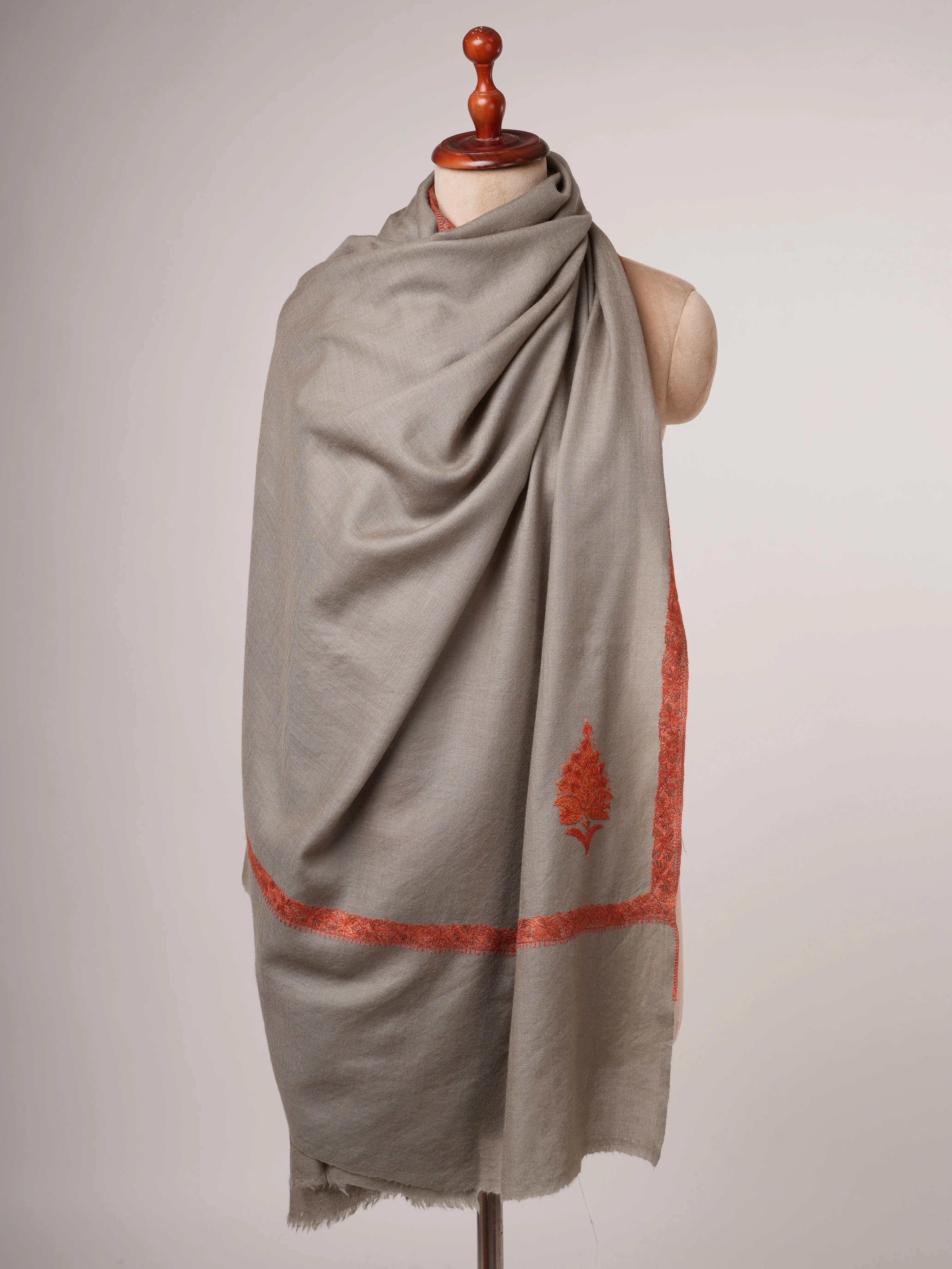 Grey Hashia Hand Embroidered Fine Wool Shawl Shahkaar