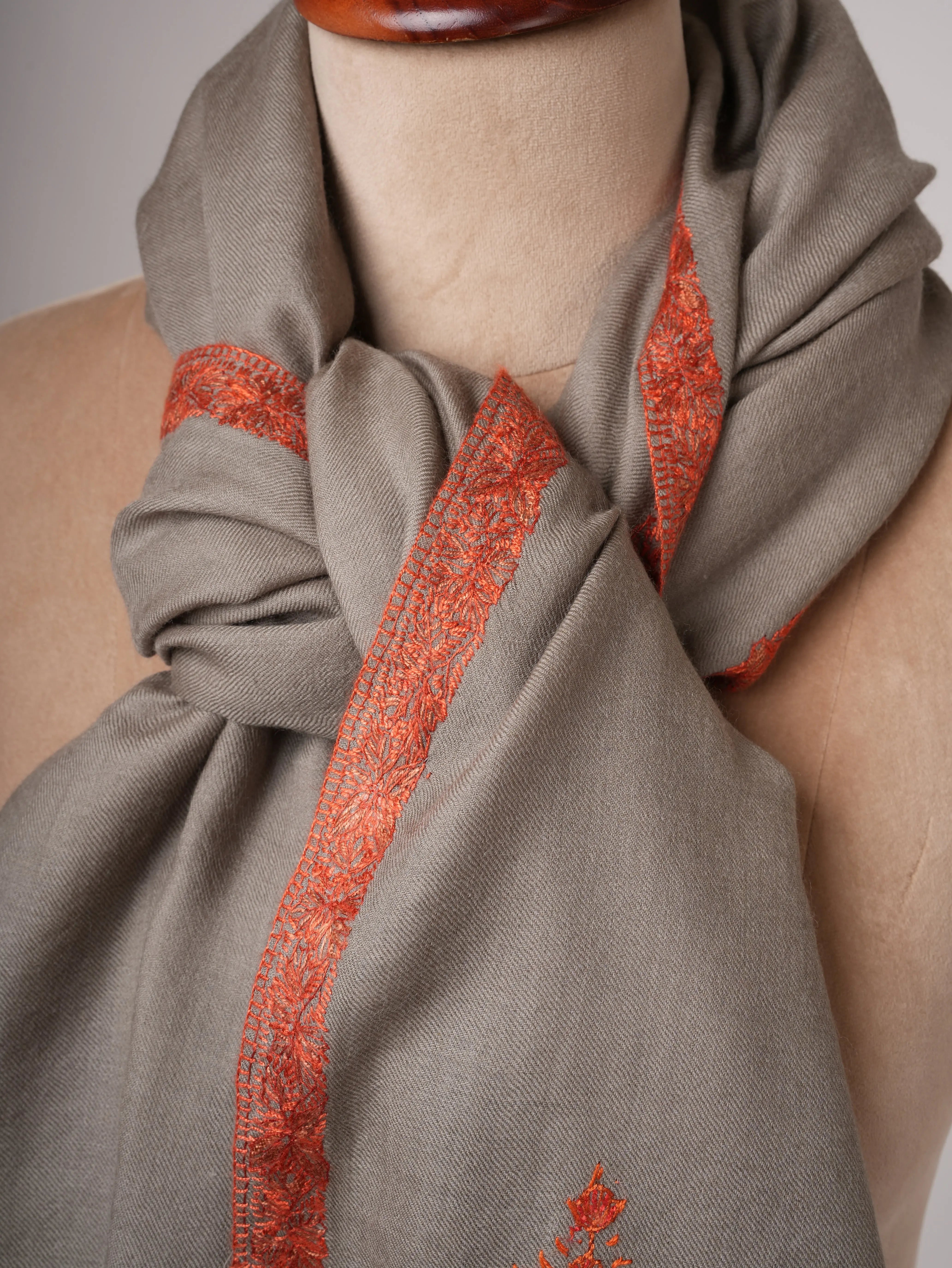 Grey Hashia Hand Embroidered Fine Wool Shawl Shahkaar