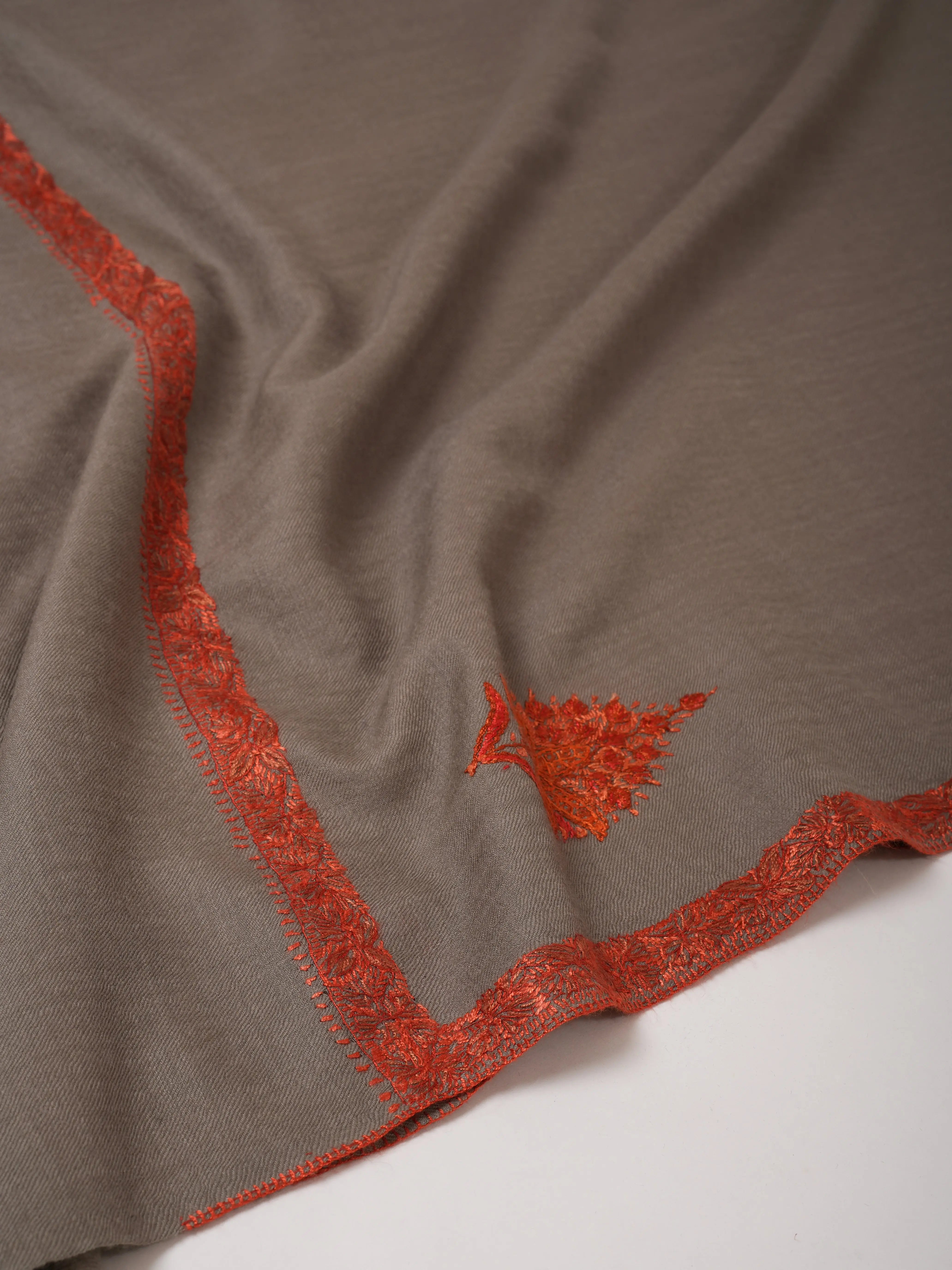 Grey Hashia Hand Embroidered Fine Wool Shawl Shahkaar