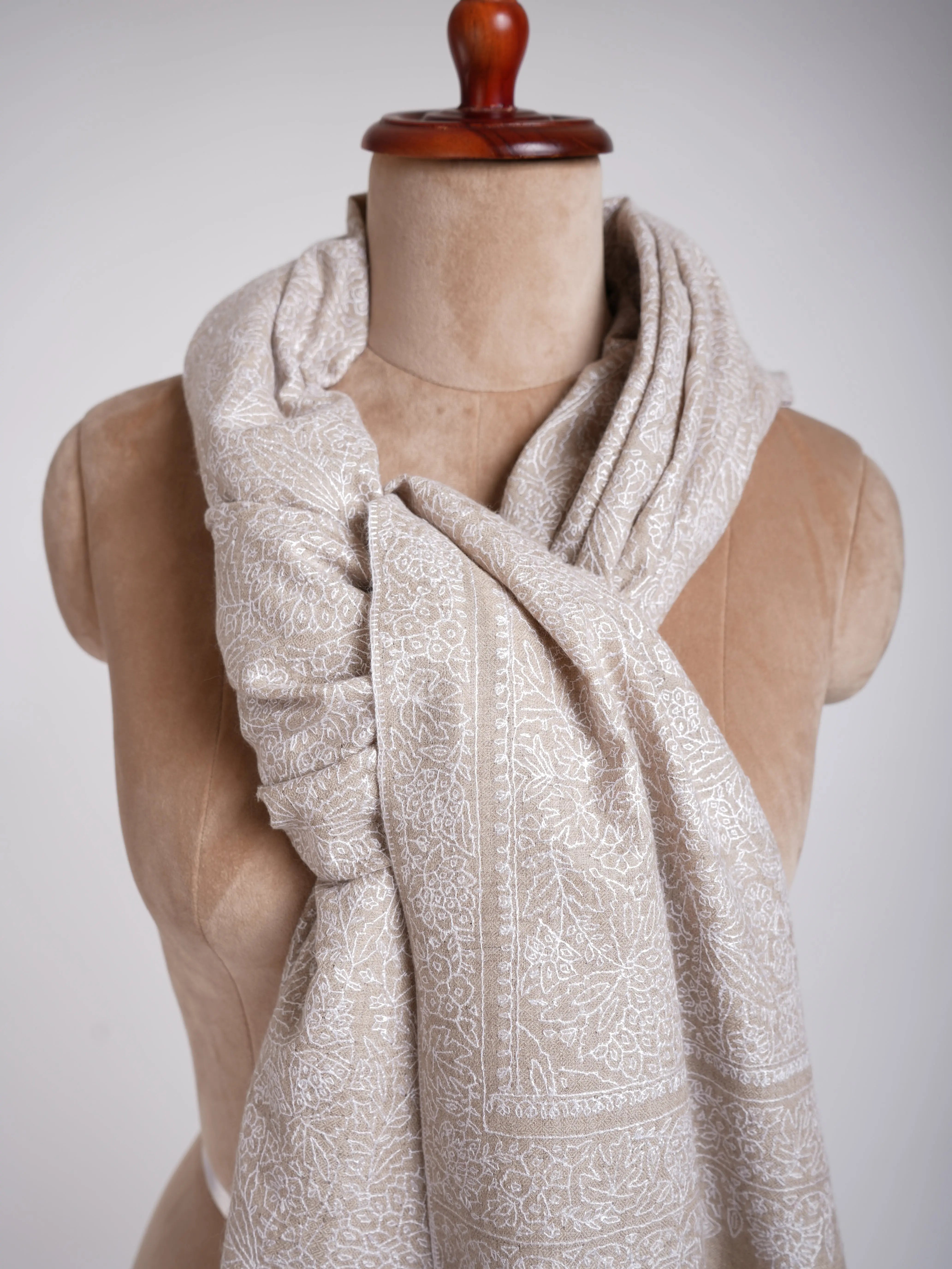 Grey with White Embroidered Pashmina Shawl Shahkaar