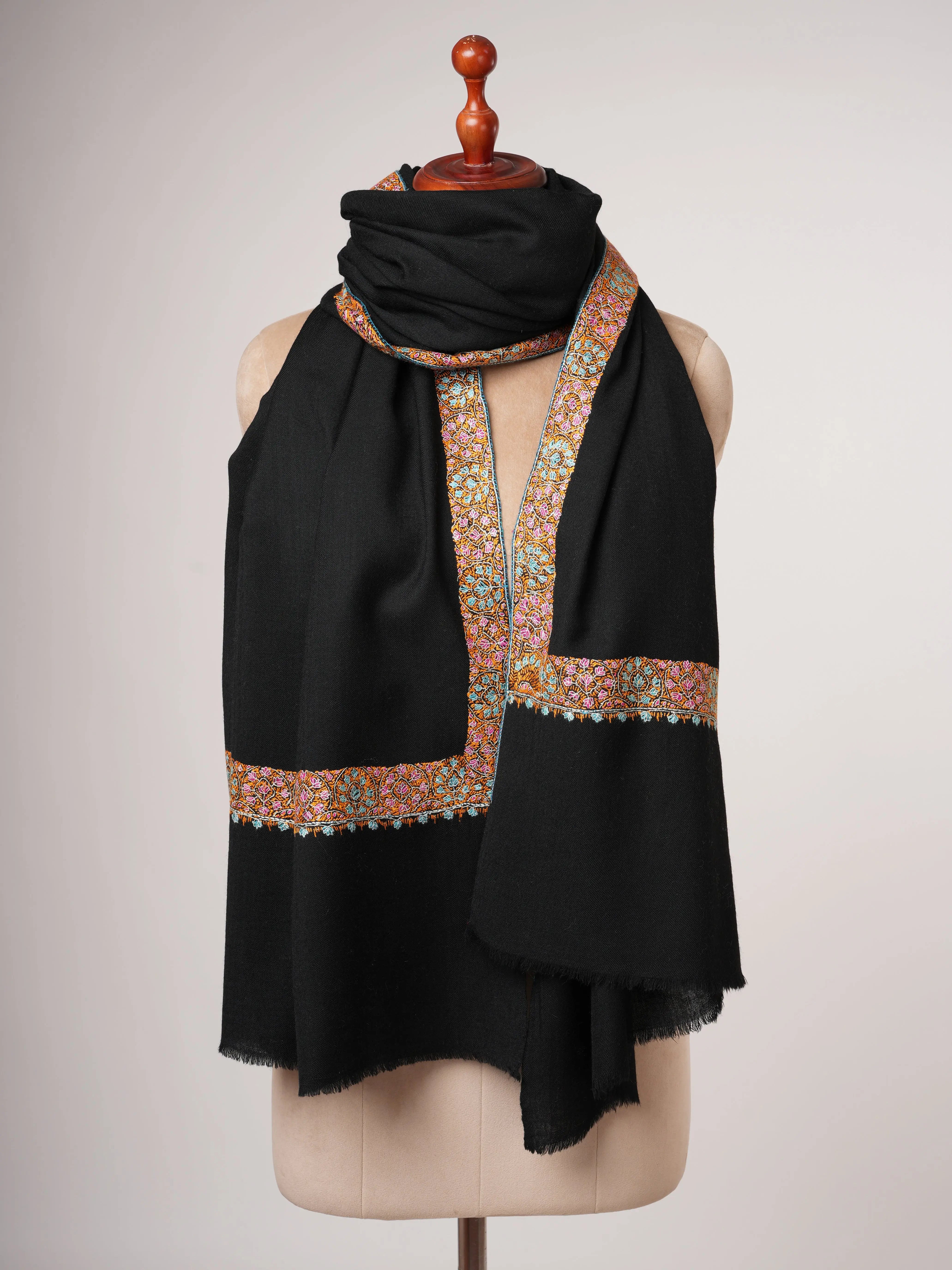 Hand Embroidered Black Neemdaur Kashmiri Wool Shawl Shahkaar