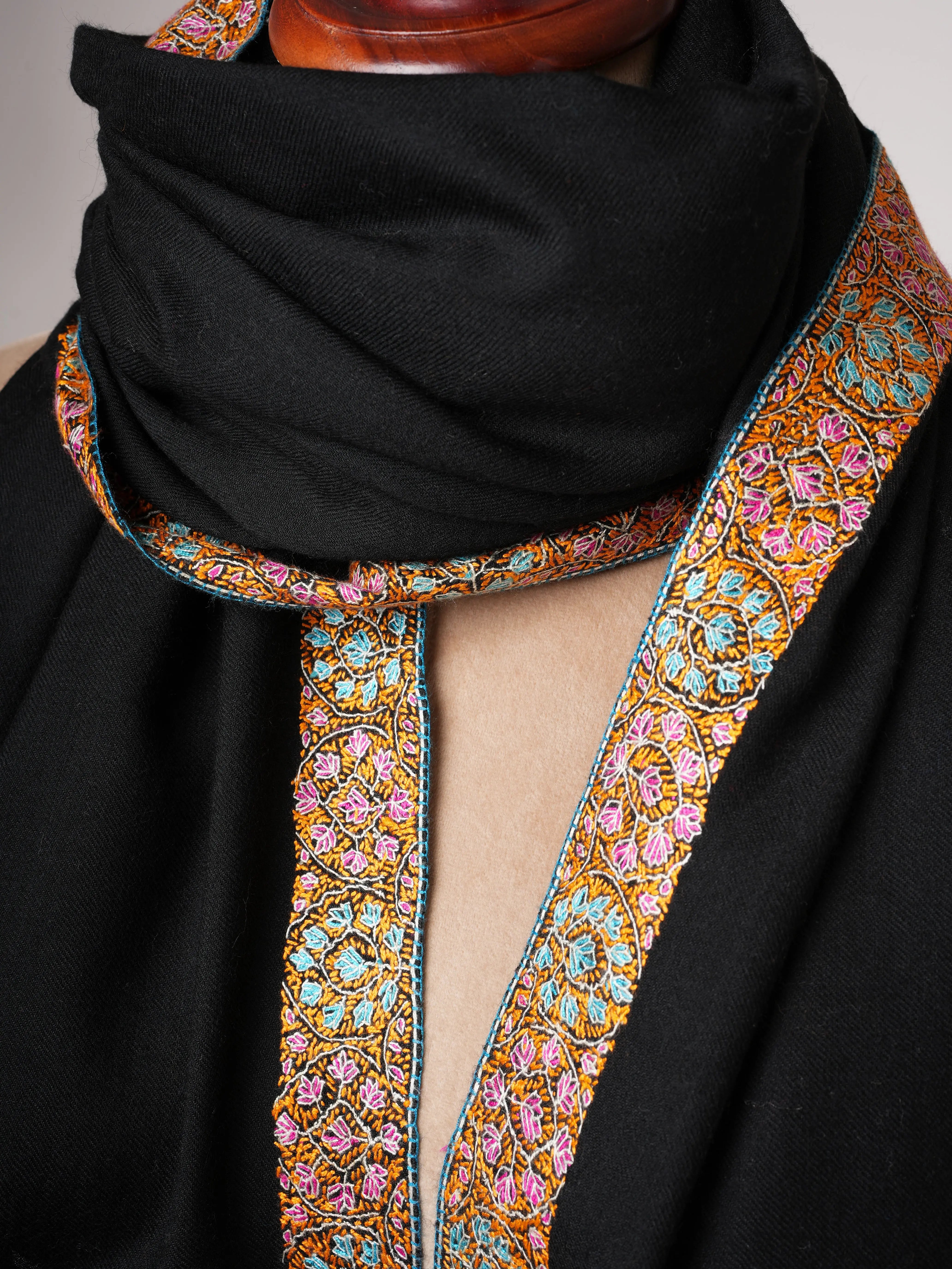Hand Embroidered Black Neemdaur Kashmiri Wool Shawl Shahkaar