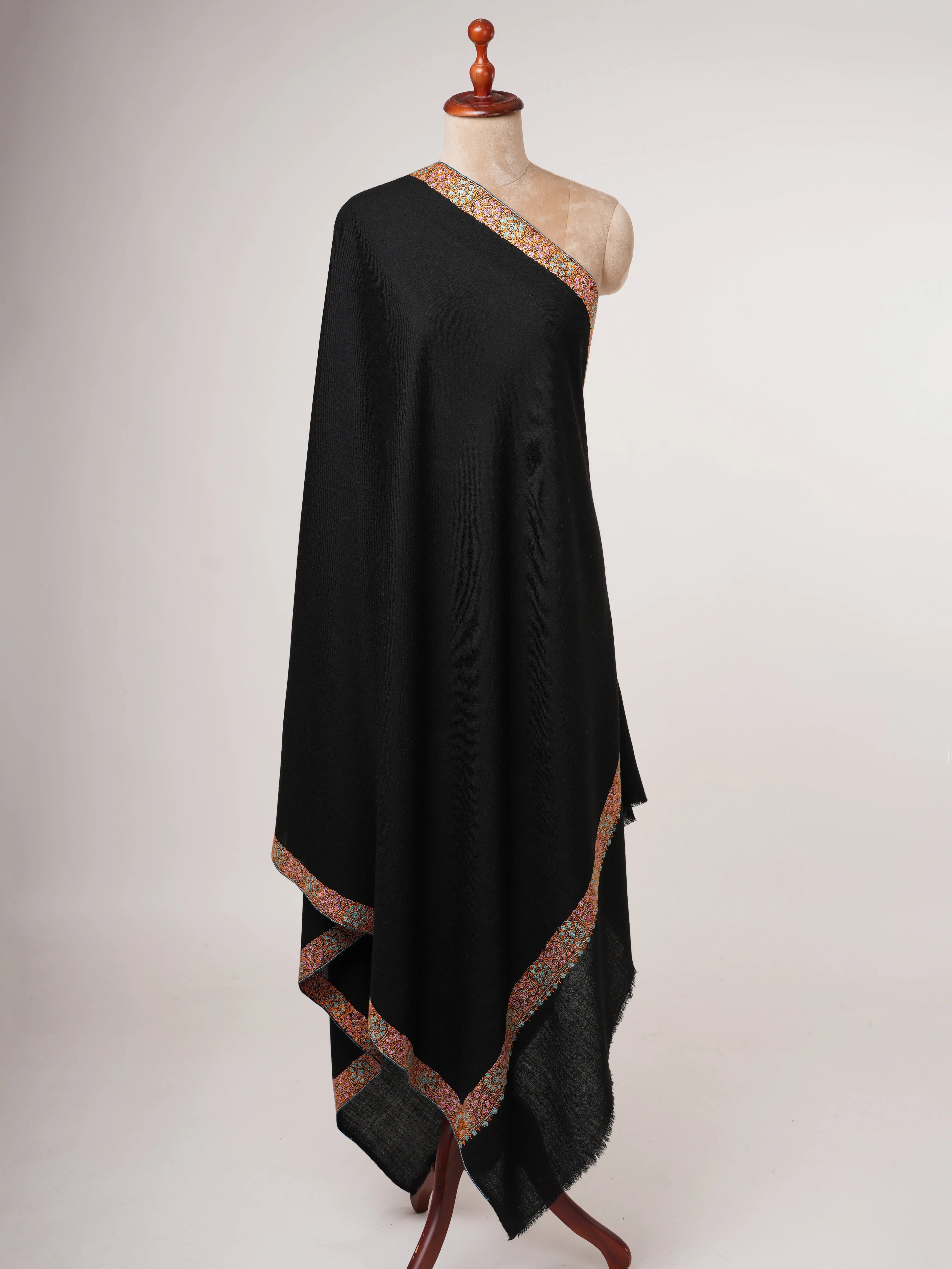 Hand Embroidered Black Neemdaur Kashmiri Wool Shawl Shahkaar