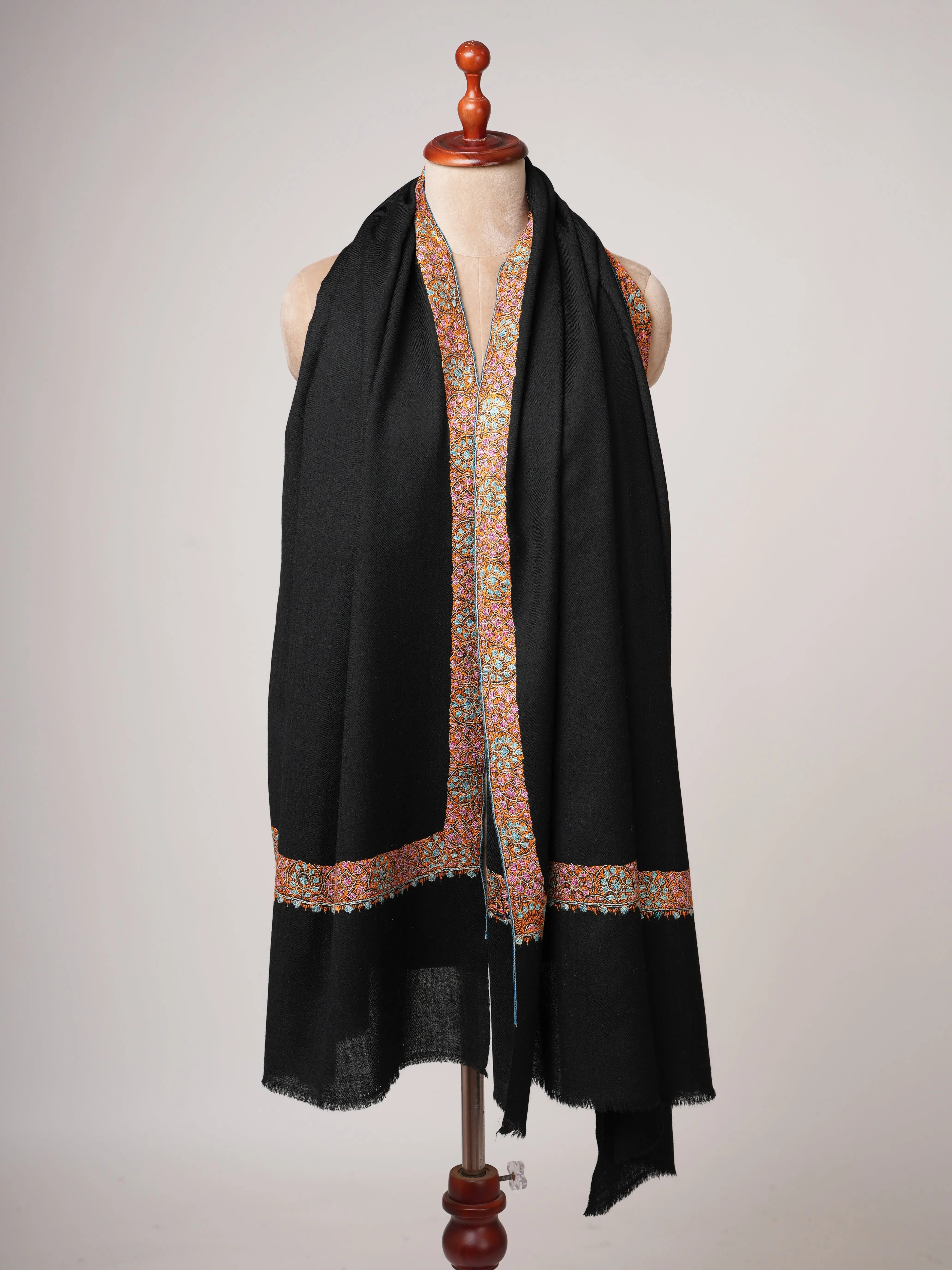 Hand Embroidered Black Neemdaur Kashmiri Wool Shawl Shahkaar