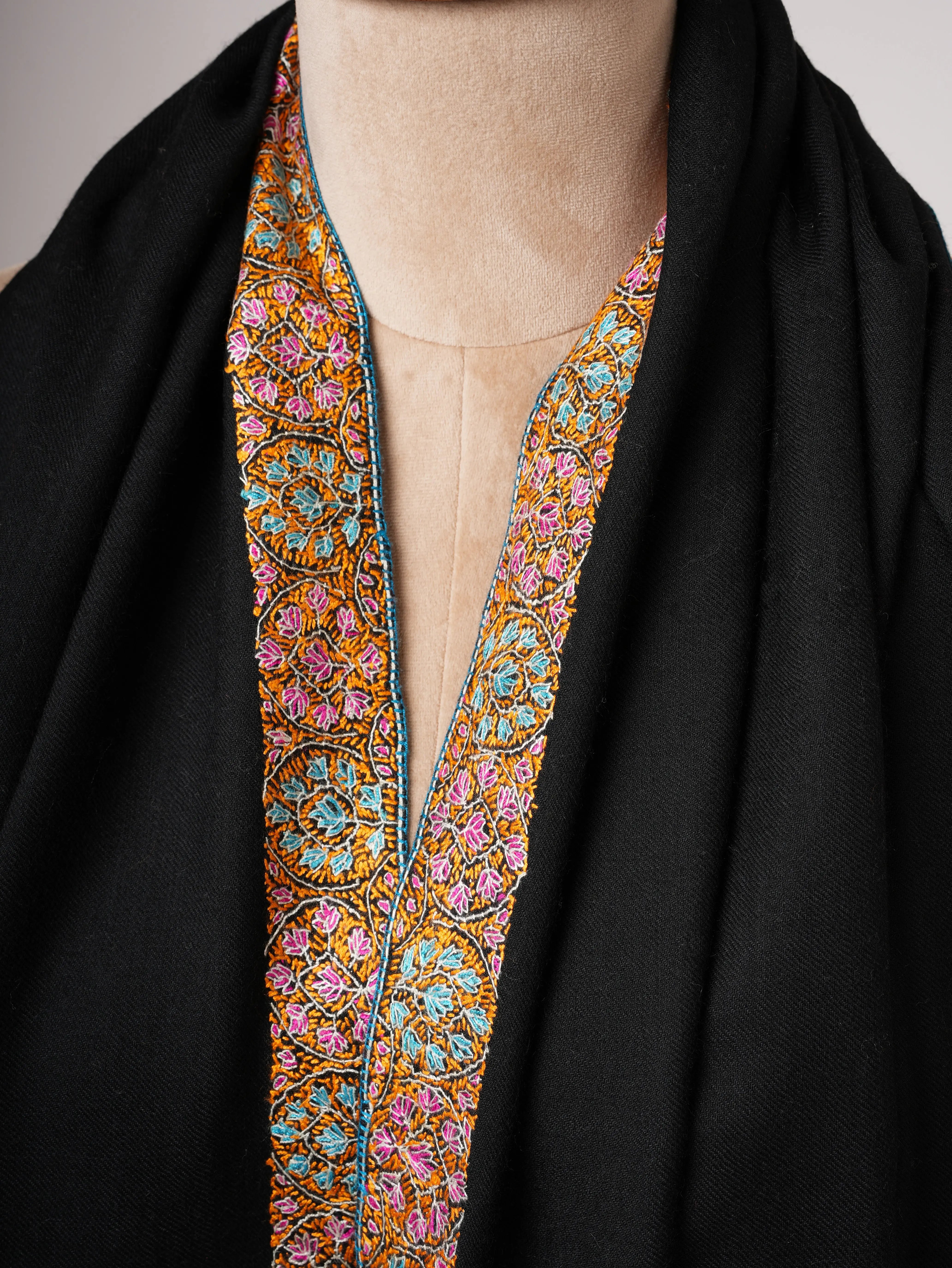 Hand Embroidered Black Neemdaur Kashmiri Wool Shawl Shahkaar