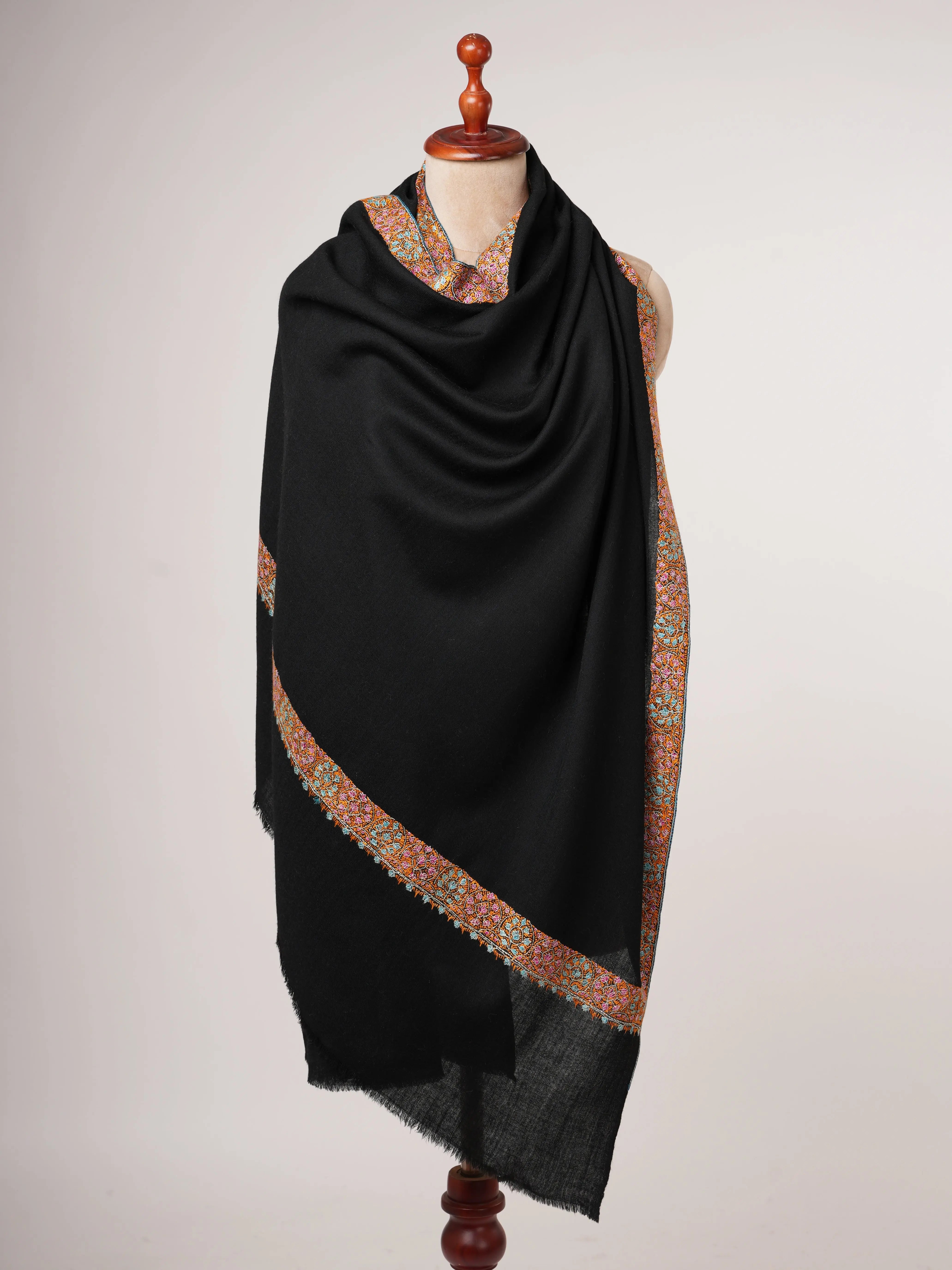 Hand Embroidered Black Neemdaur Kashmiri Wool Shawl Shahkaar