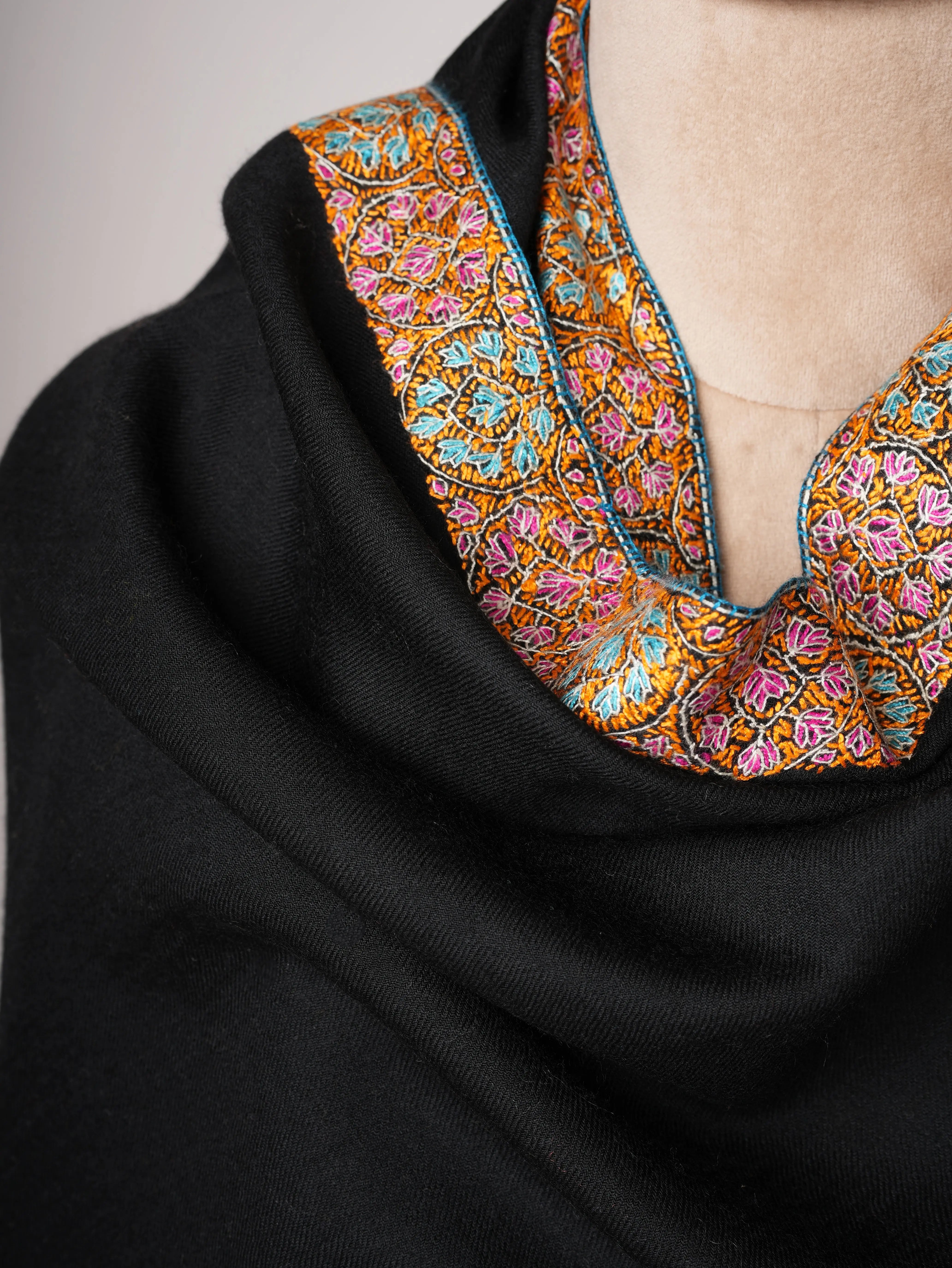 Hand Embroidered Black Neemdaur Kashmiri Wool Shawl Shahkaar