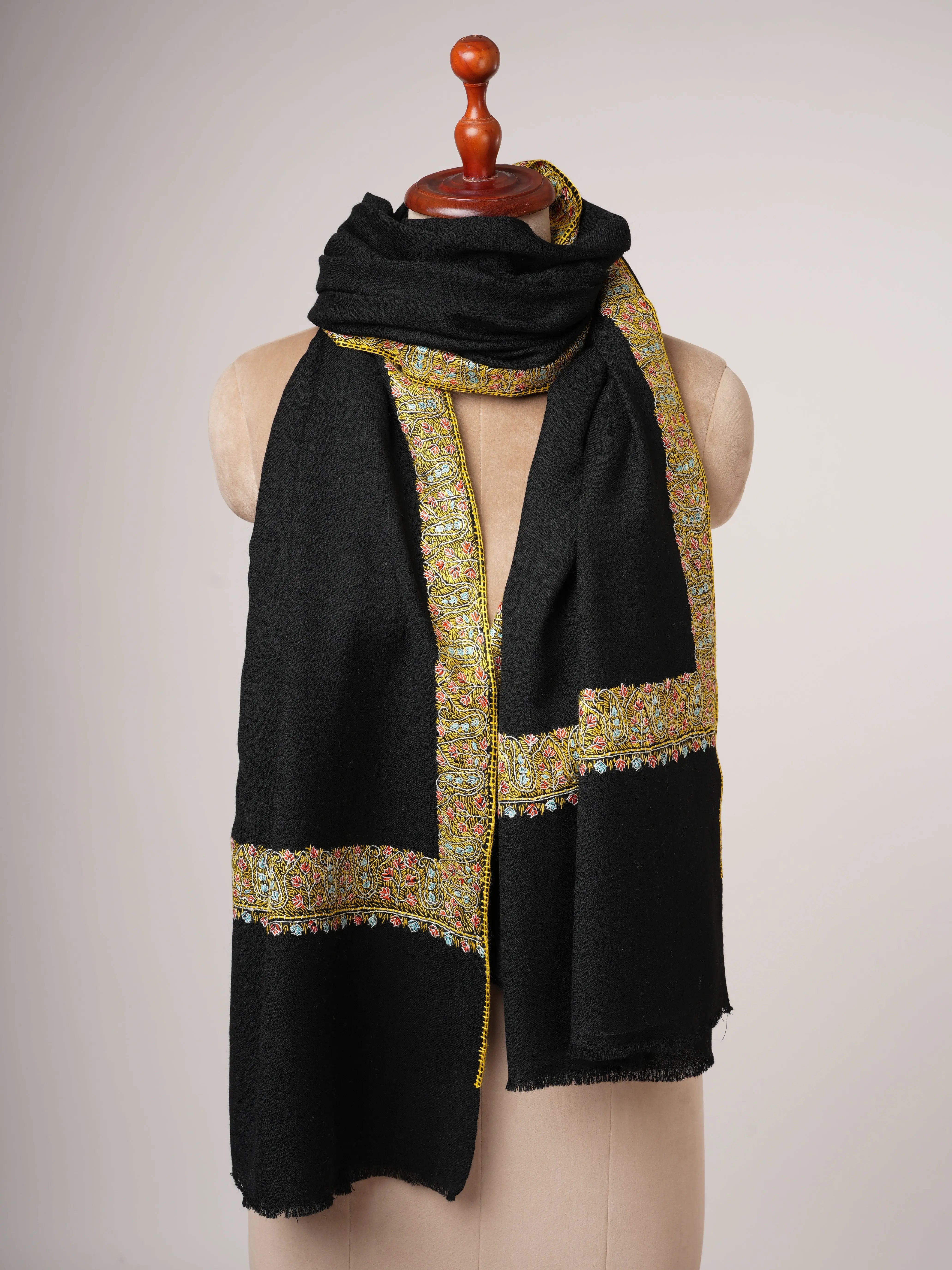 Hand Embroidered Black Shawl in Fine Wool with Neemdaur Border Shahkaar