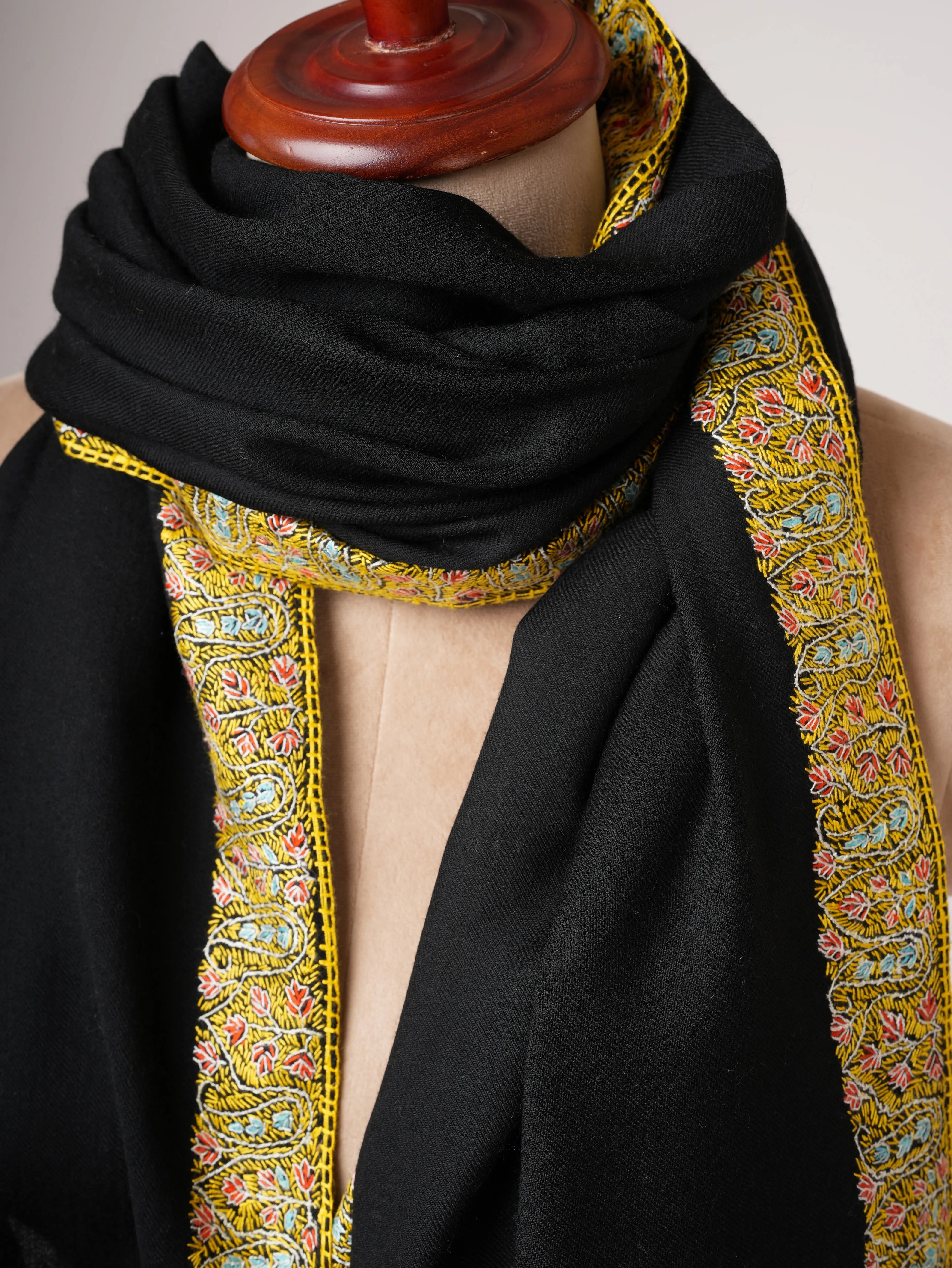 Hand Embroidered Black Shawl in Fine Wool with Neemdaur Border Shahkaar
