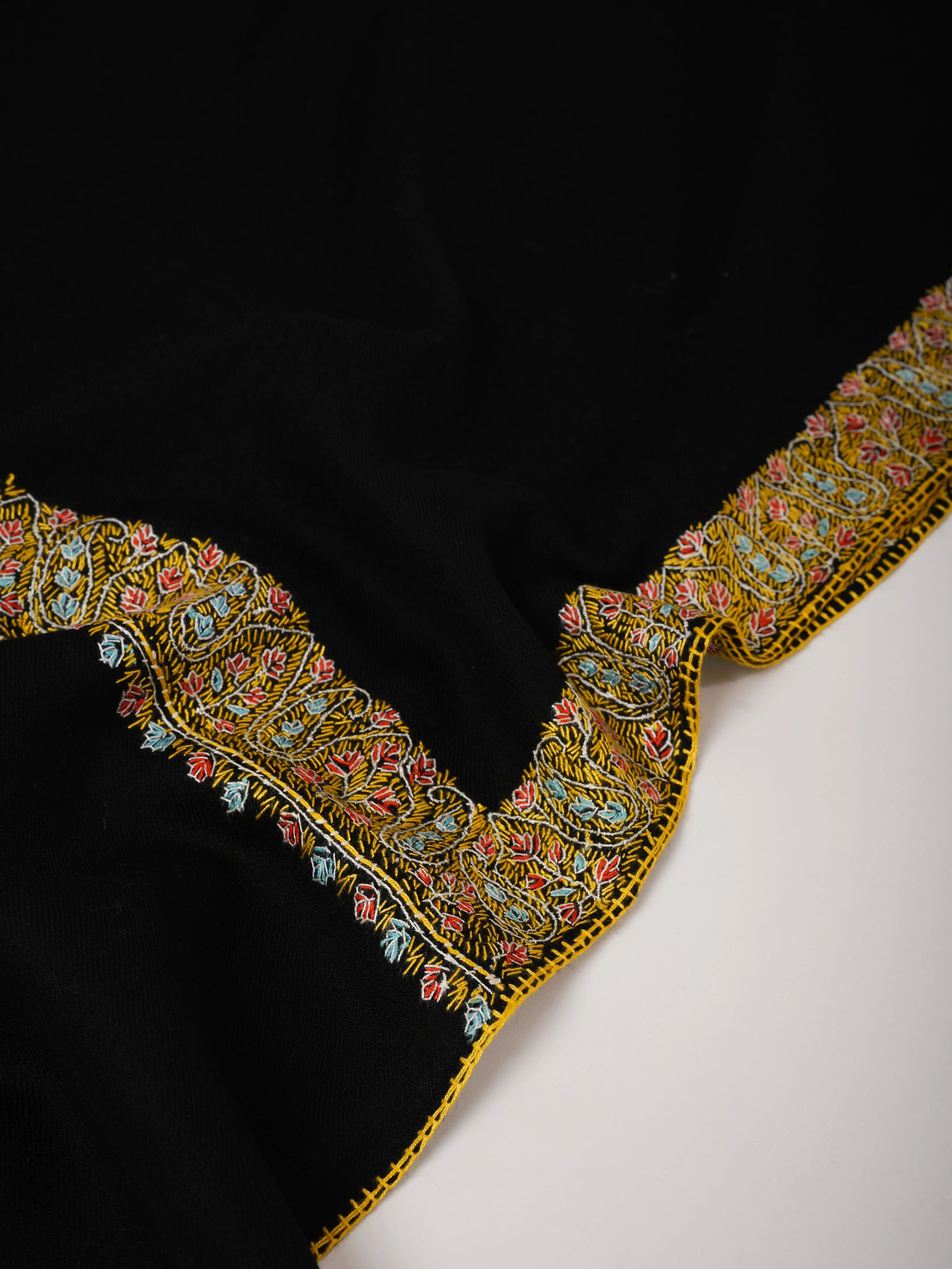 Hand Embroidered Black Shawl in Fine Wool with Neemdaur Border Shahkaar