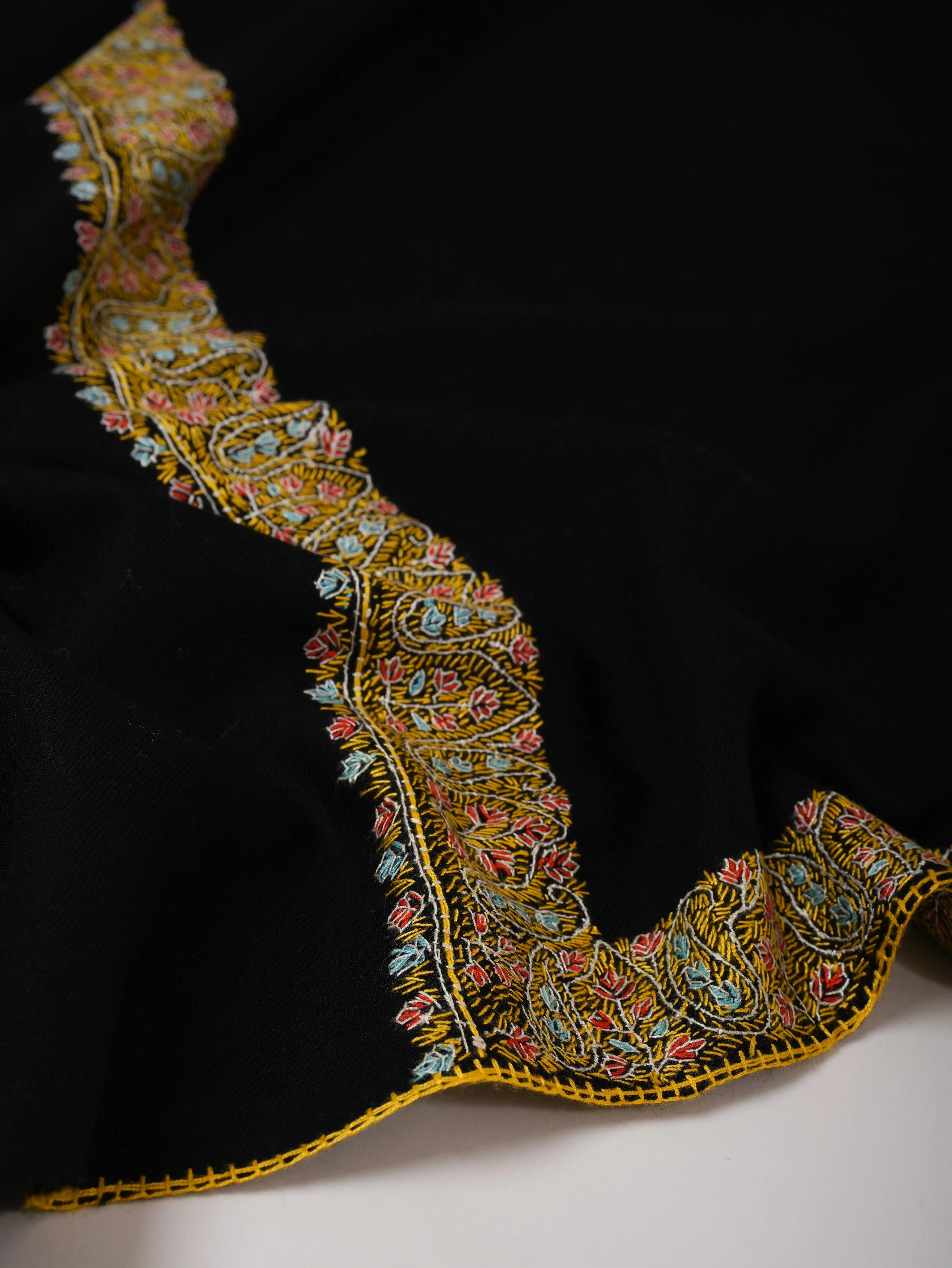 Hand Embroidered Black Shawl in Fine Wool with Neemdaur Border Shahkaar