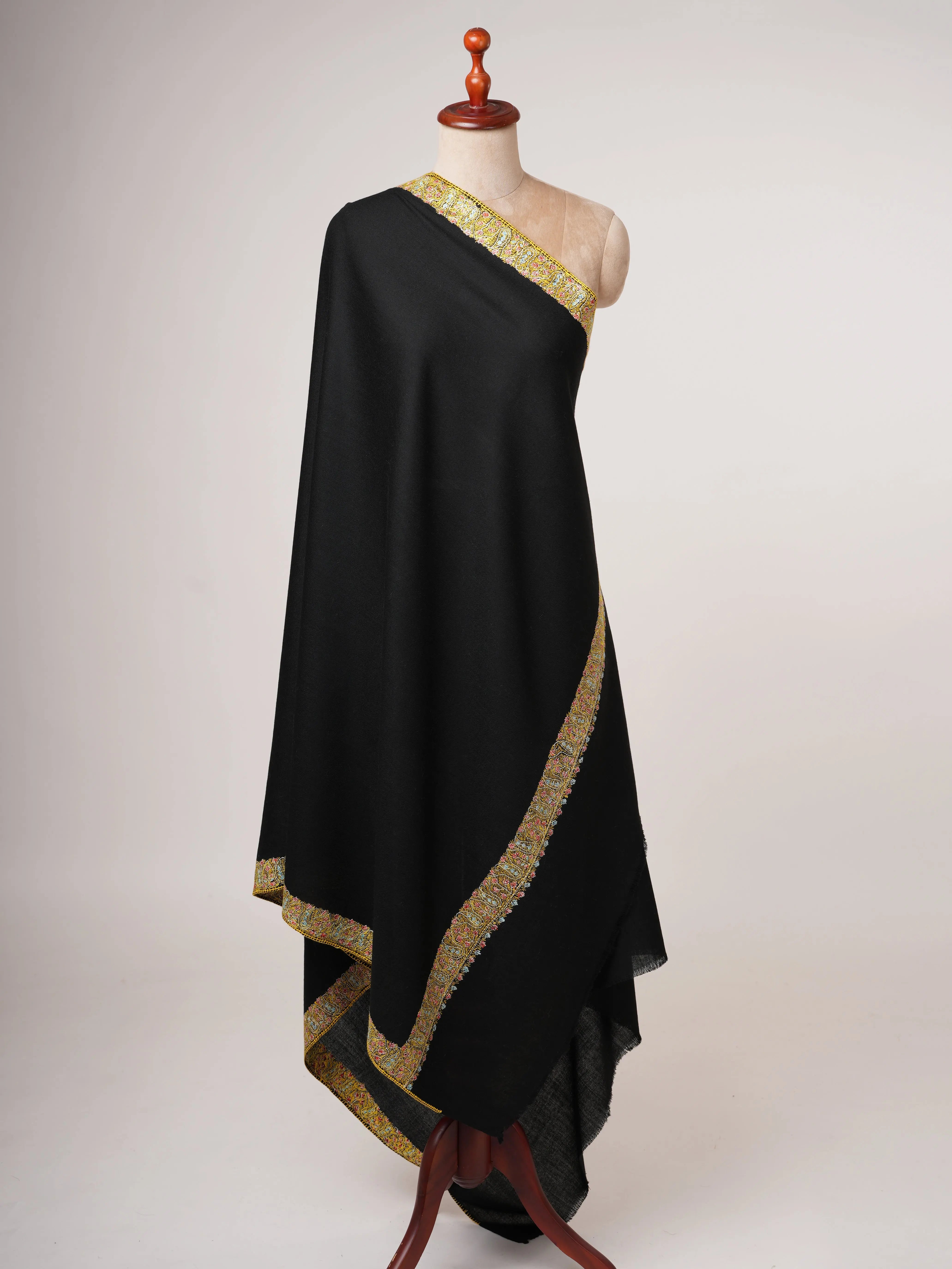 Hand Embroidered Black Shawl in Fine Wool with Neemdaur Border Shahkaar