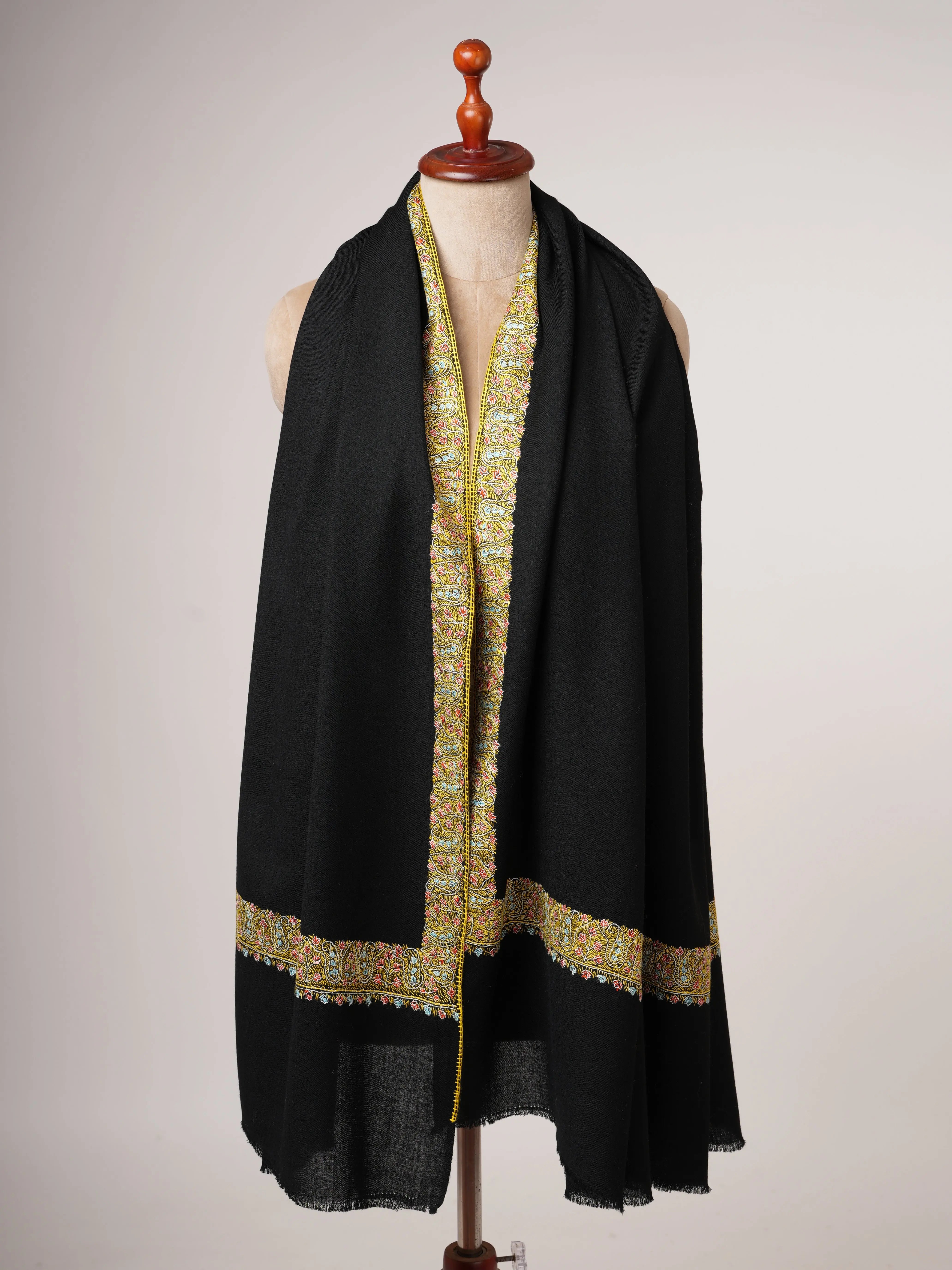Hand Embroidered Black Shawl in Fine Wool with Neemdaur Border Shahkaar
