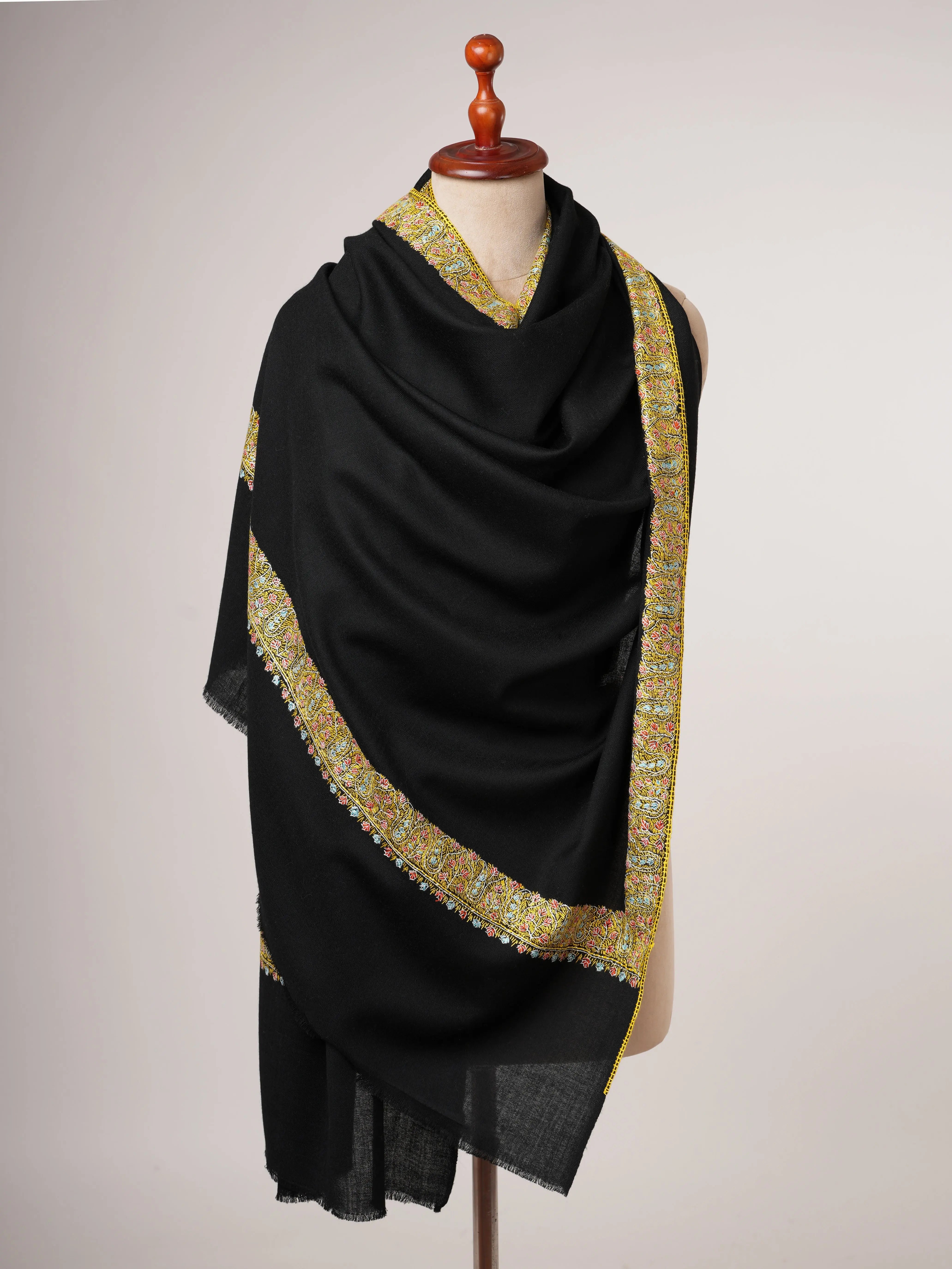 Hand Embroidered Black Shawl in Fine Wool with Neemdaur Border Shahkaar