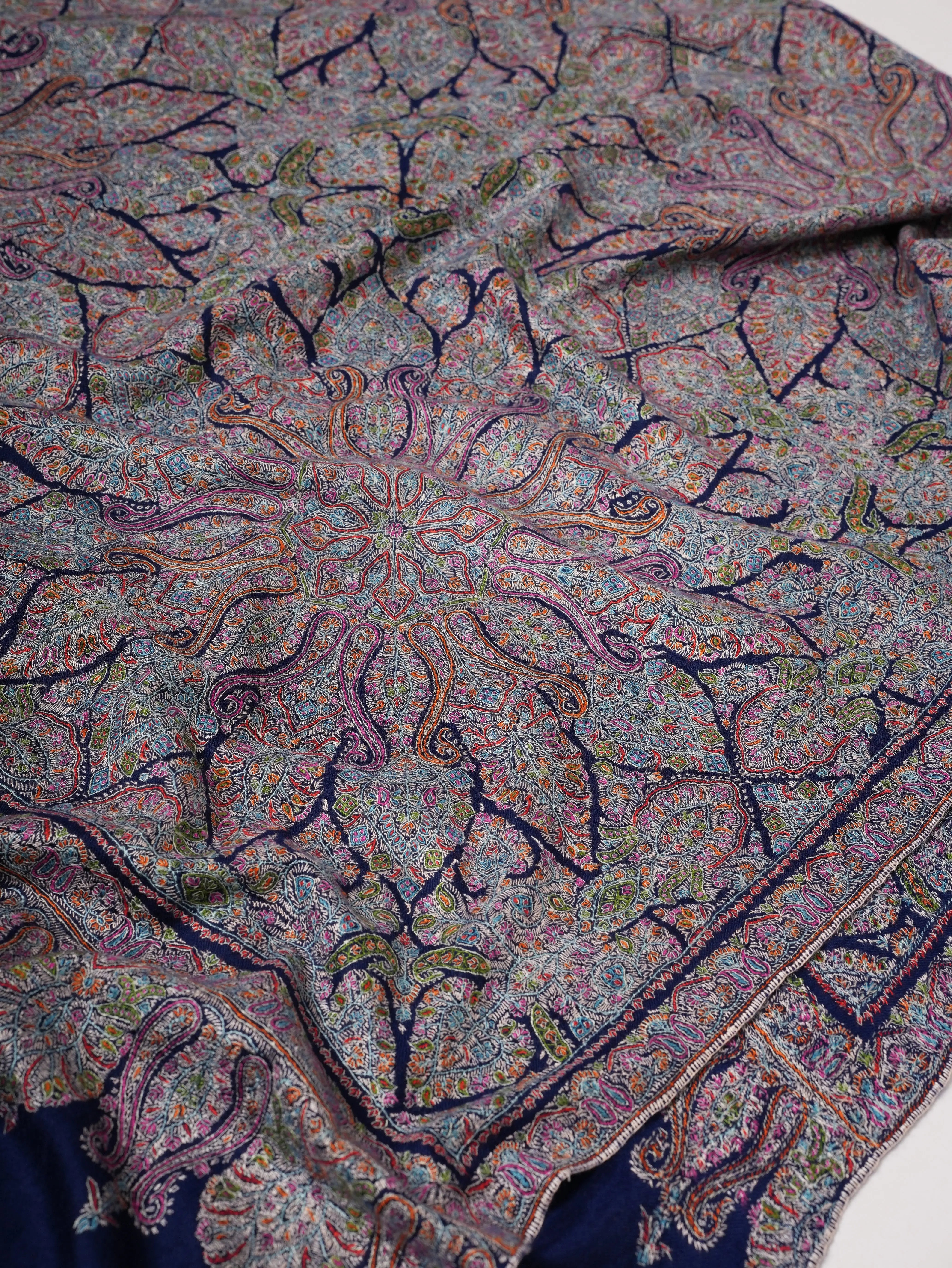 Hand Embroidered Navy Blue Jamavar Shawl with Tarukh Motif Shahkaar