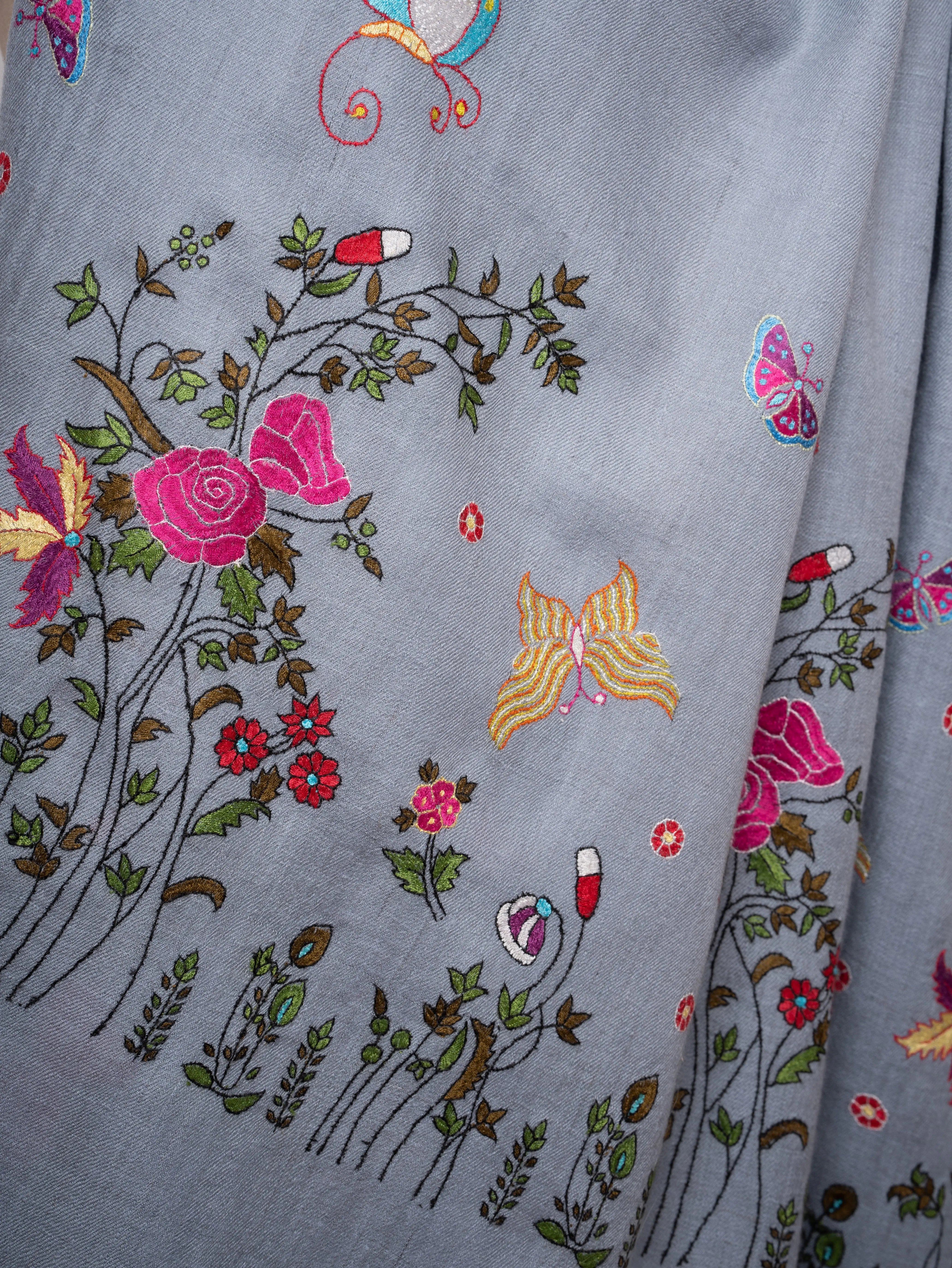 Hand Embroidered Pashmina Shawl Roses & Butterfly Motifs on Shorter Ends Shahkaar