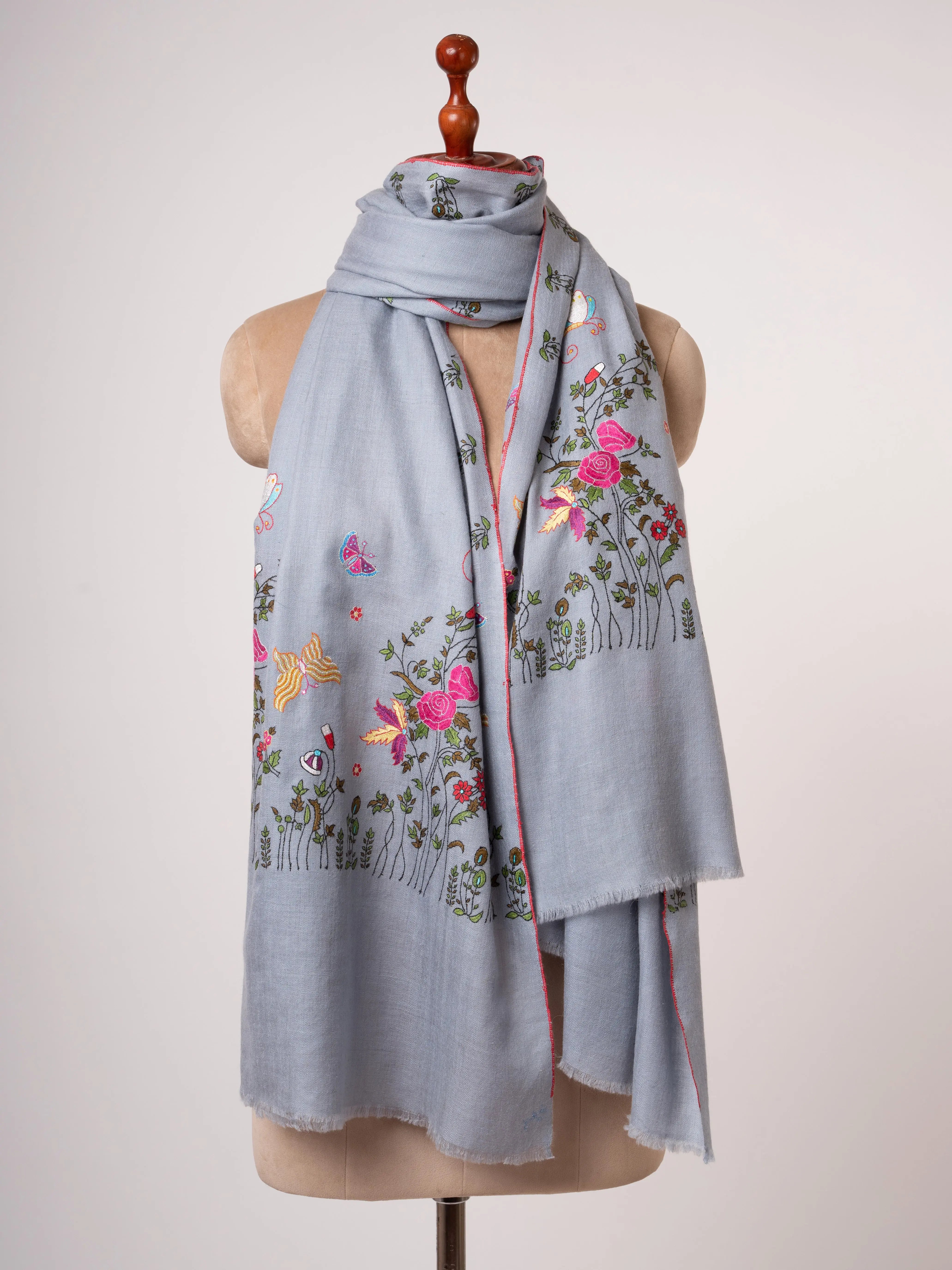 Hand Embroidered Pashmina Shawl Roses & Butterfly Motifs on Shorter Ends Shahkaar
