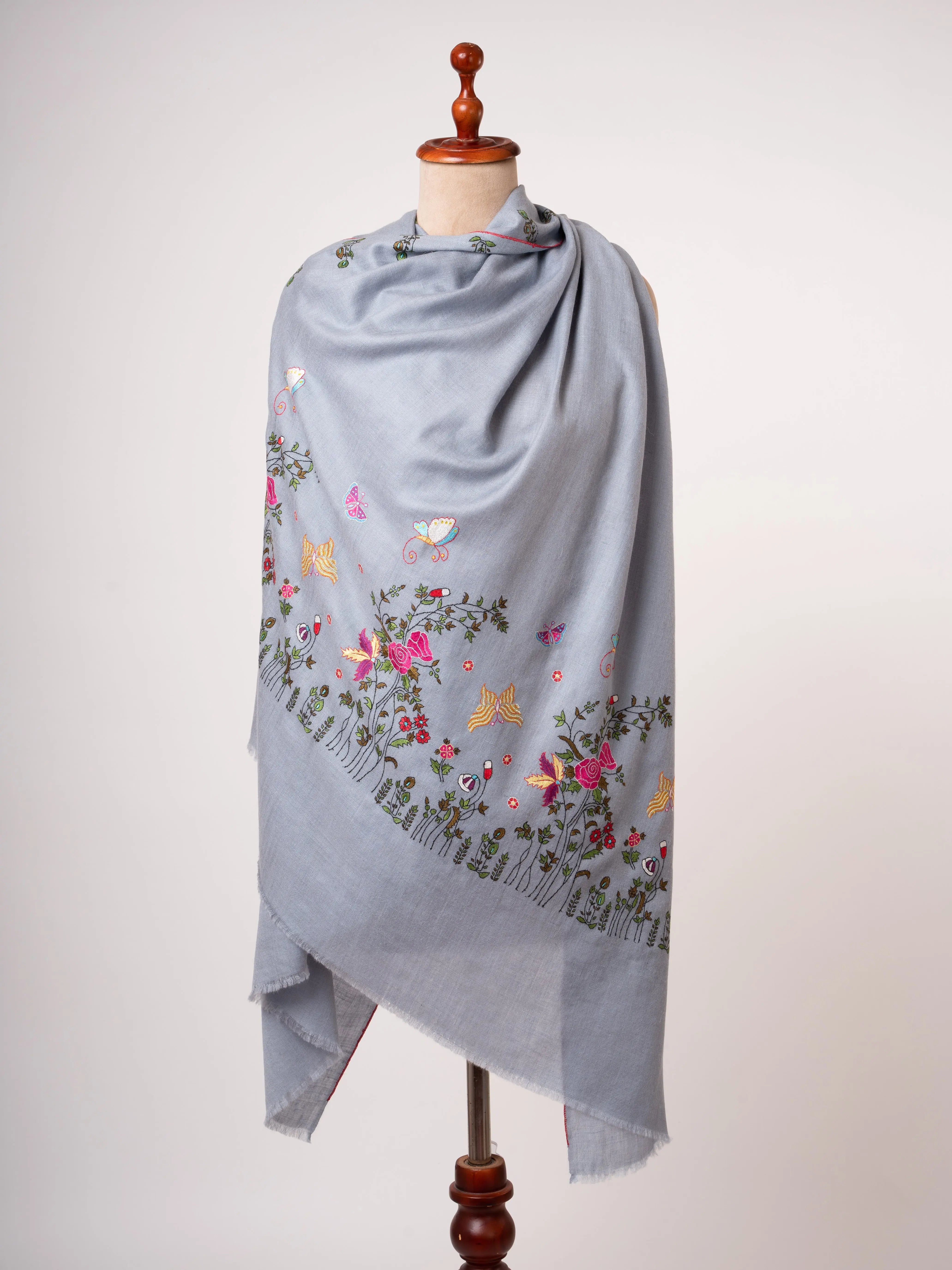 Hand Embroidered Pashmina Shawl Roses & Butterfly Motifs on Shorter Ends Shahkaar