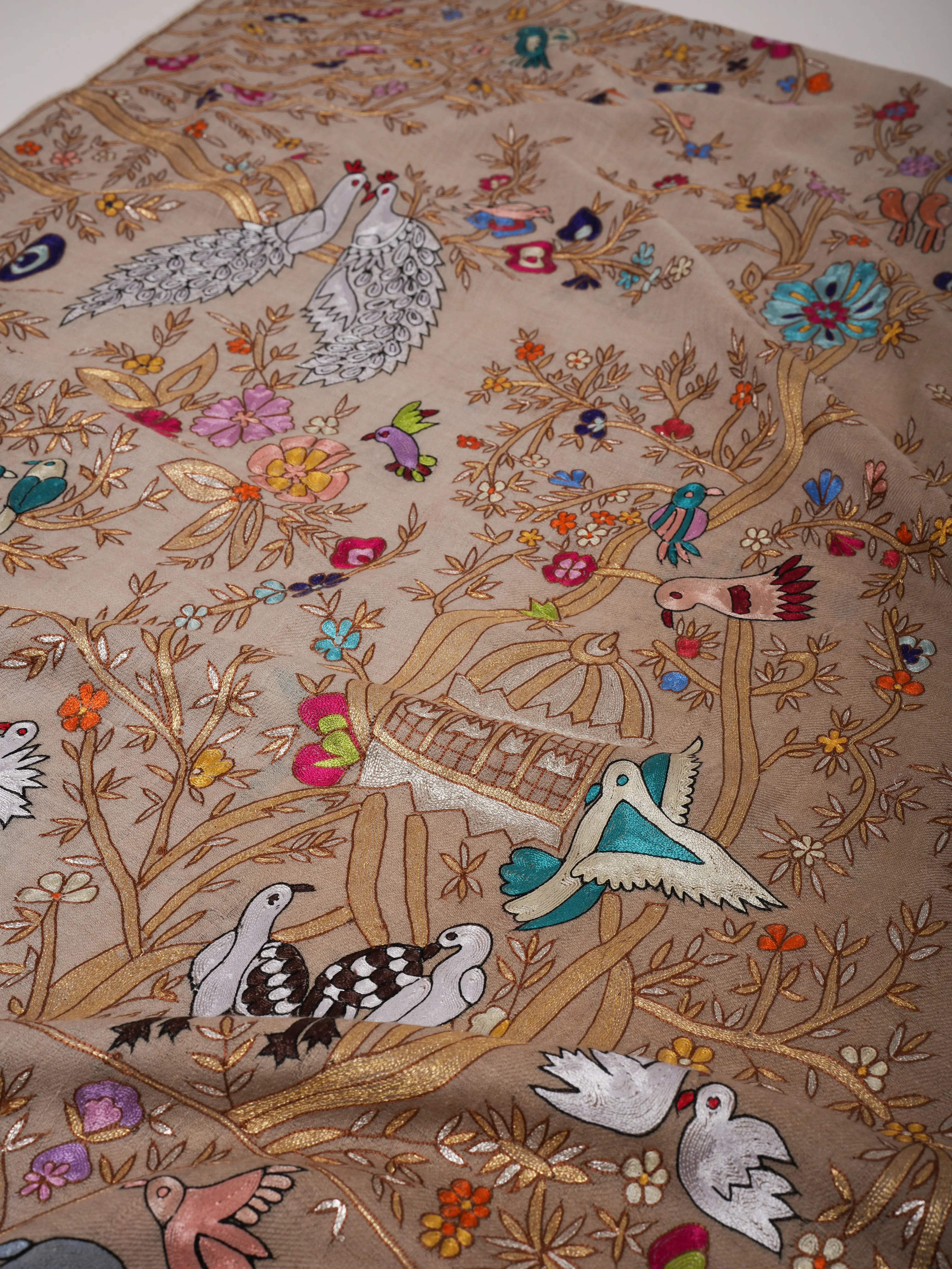 Hand Embroidered Pashmina Shawl with Scenic Birds Shahkaar