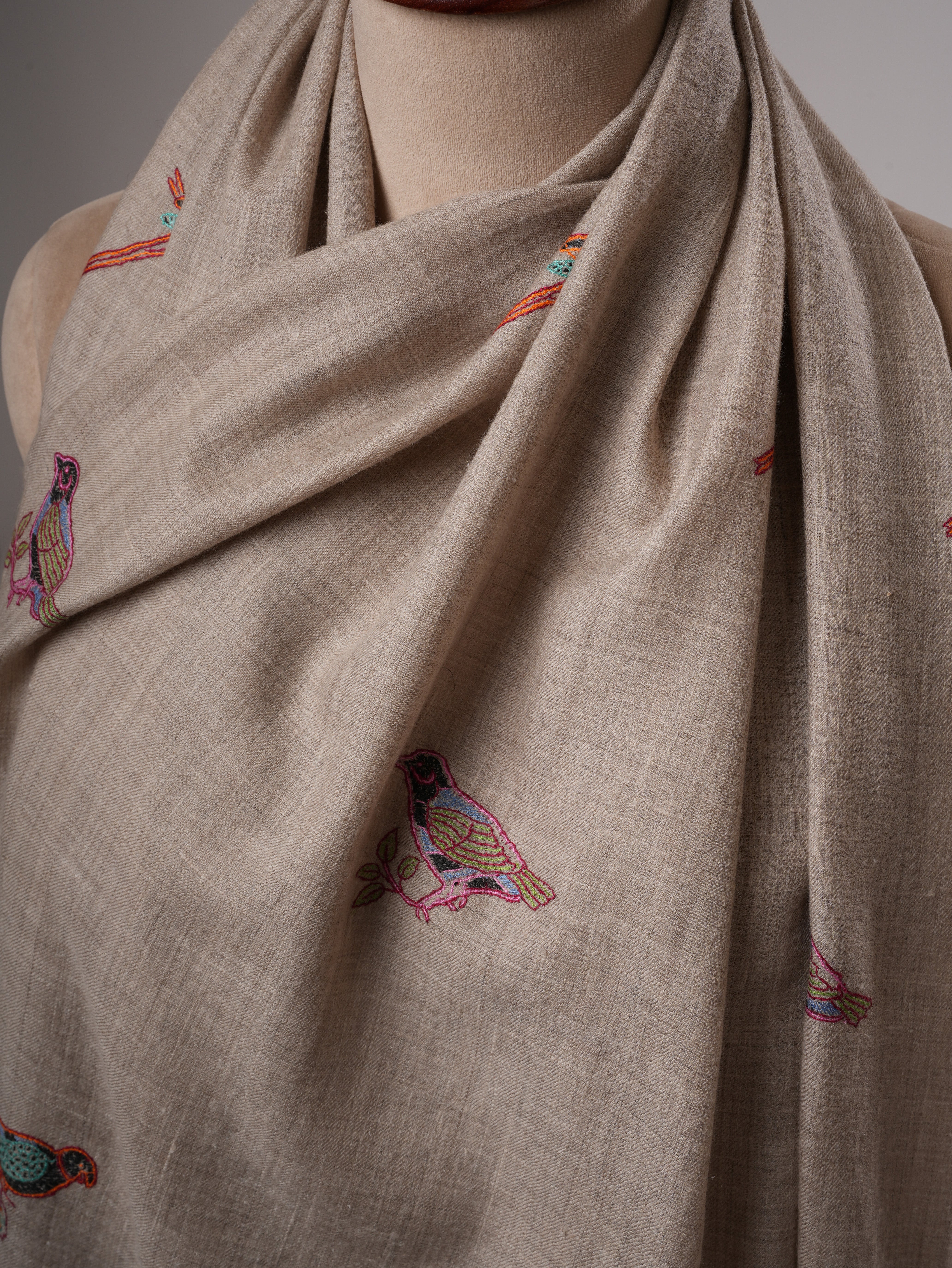 Hand Embroidered Sparrow Buteh Parrot Handwoven Indian Pashmina Shawl Shahkaar