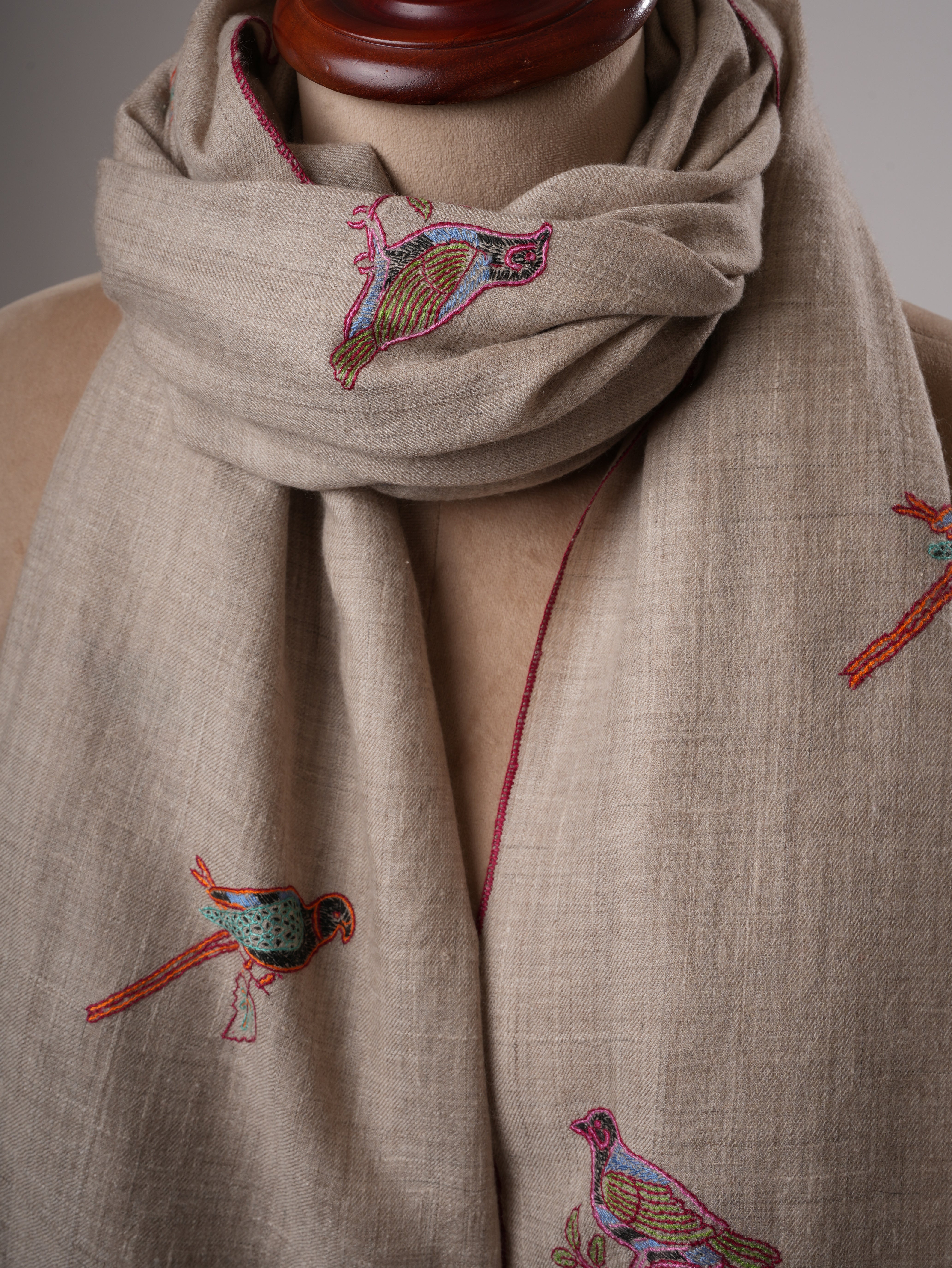 Hand Embroidered Sparrow Buteh Parrot Handwoven Indian Pashmina Shawl Shahkaar