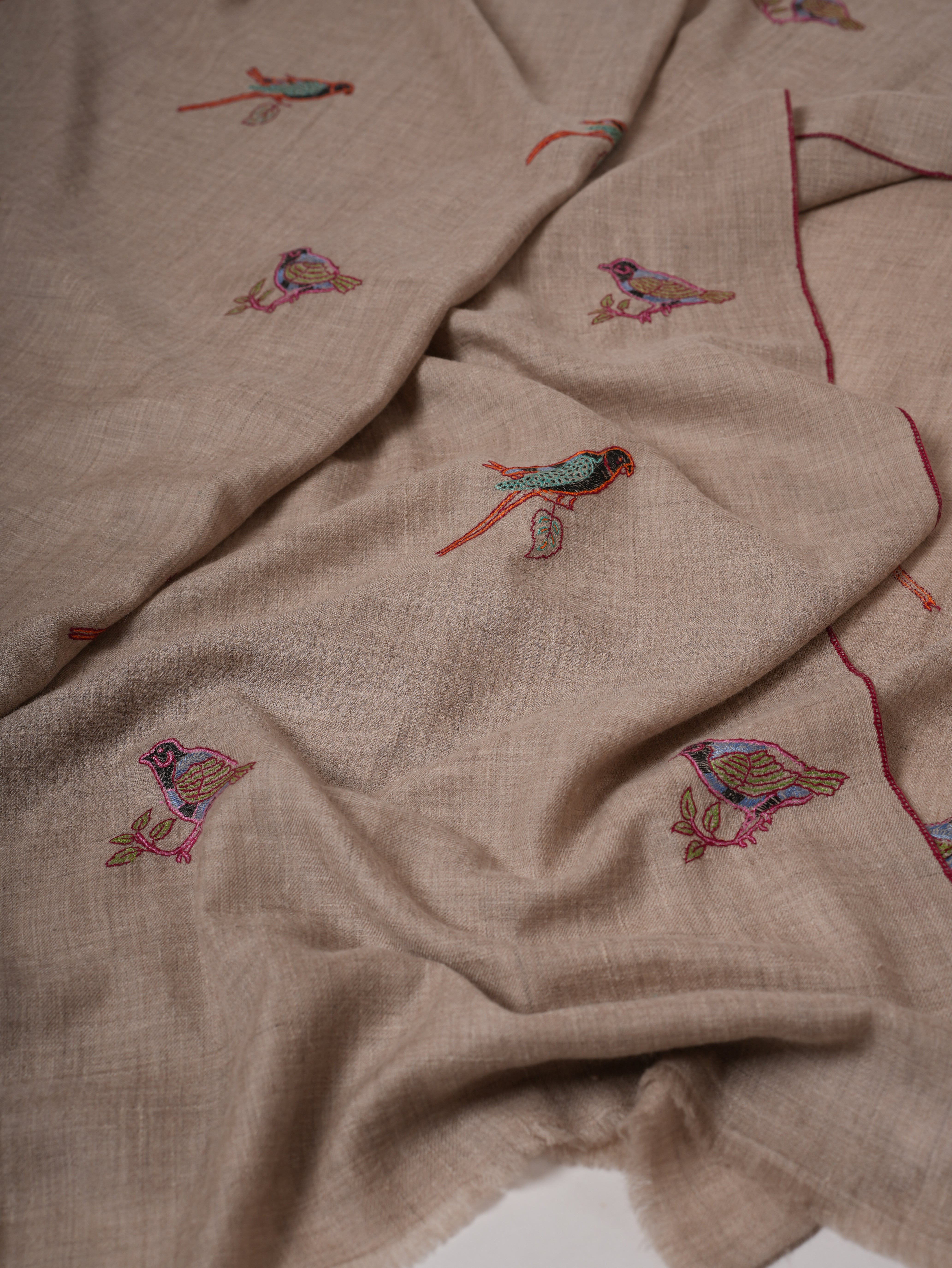 Hand Embroidered Sparrow Buteh Parrot Handwoven Indian Pashmina Shawl Shahkaar
