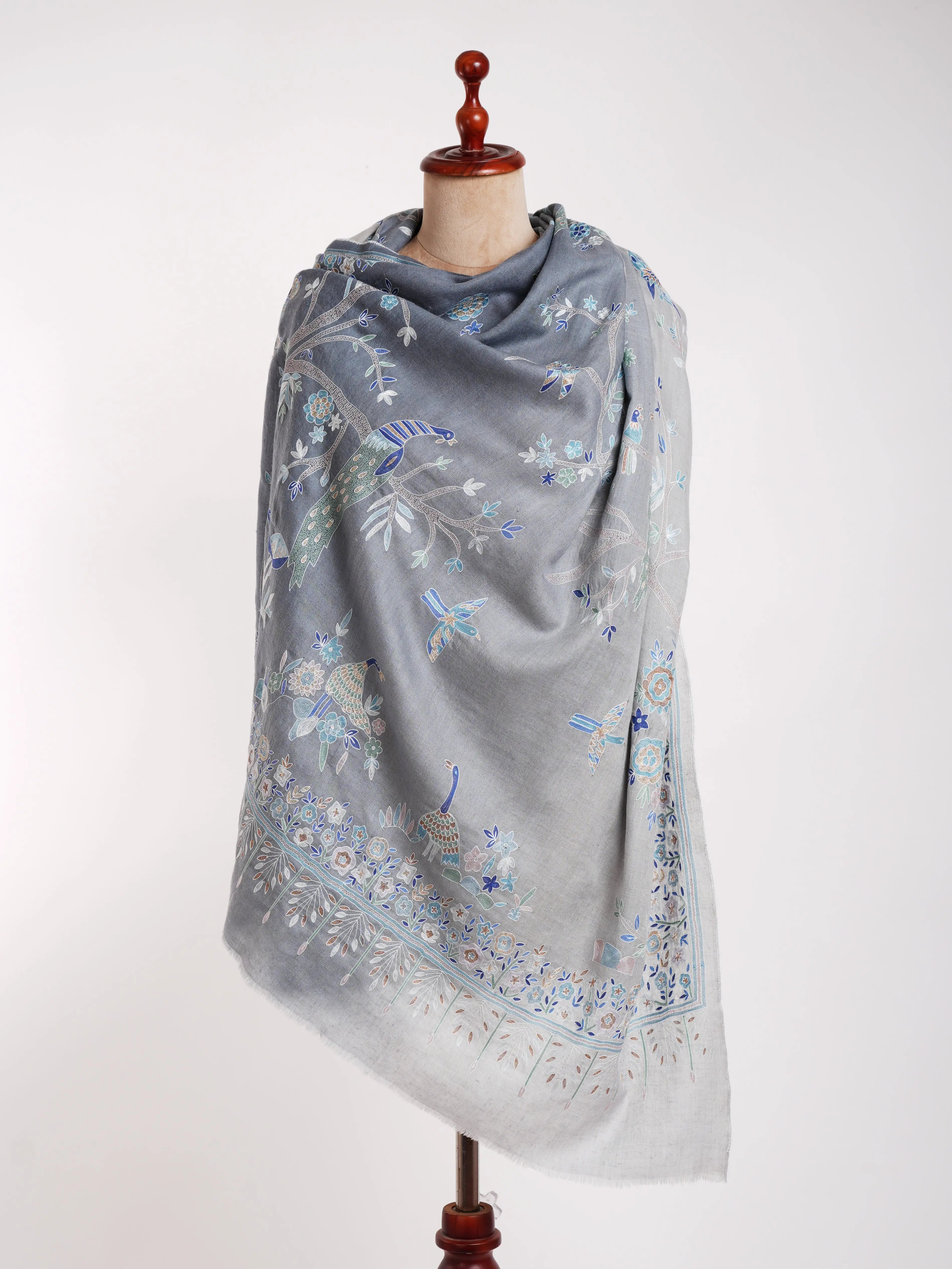 Hand Embroidered Tree of Peacock Pashmina Shawl Shahkaar