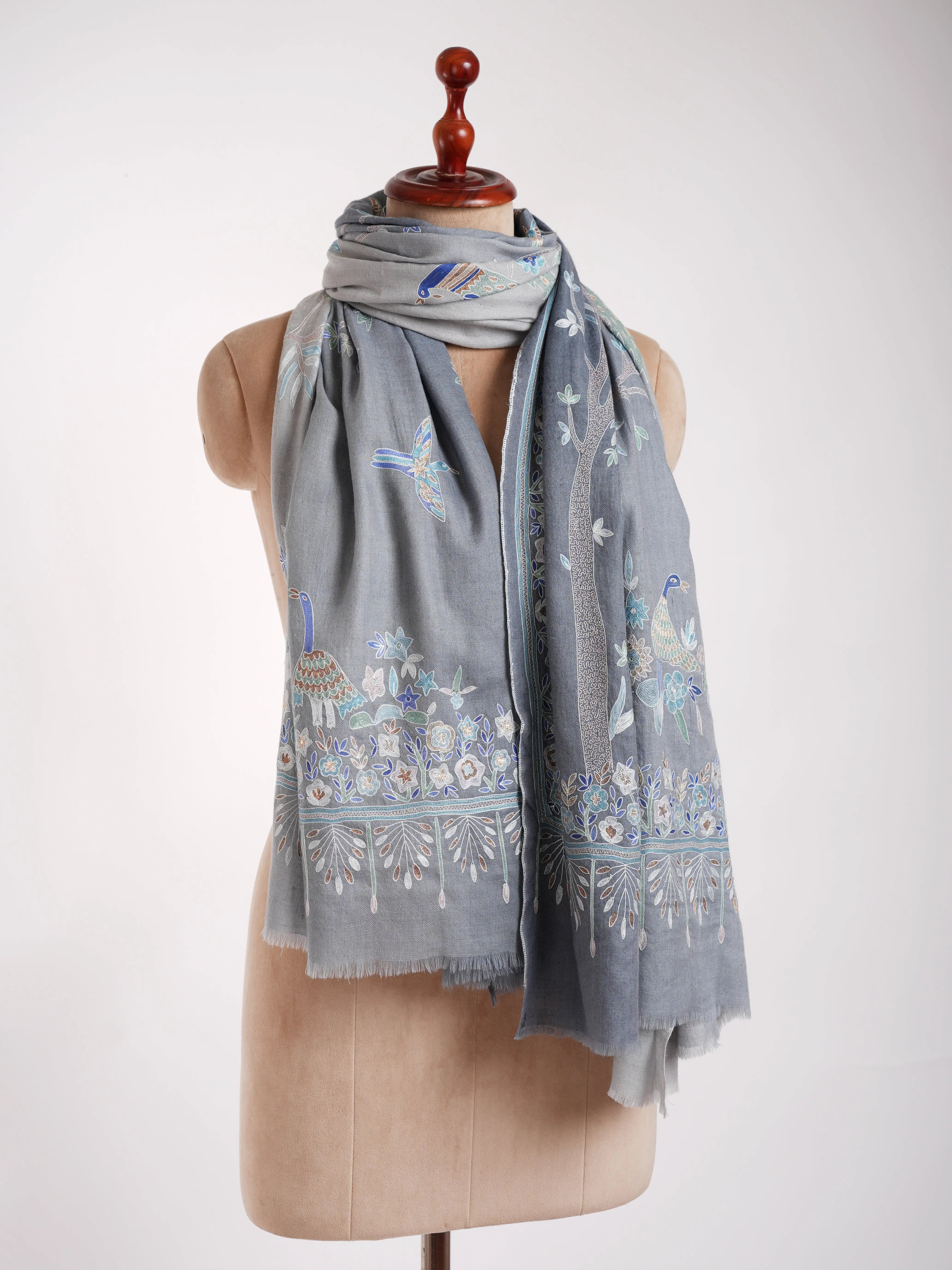 Hand Embroidered Tree of Peacock Pashmina Shawl Shahkaar