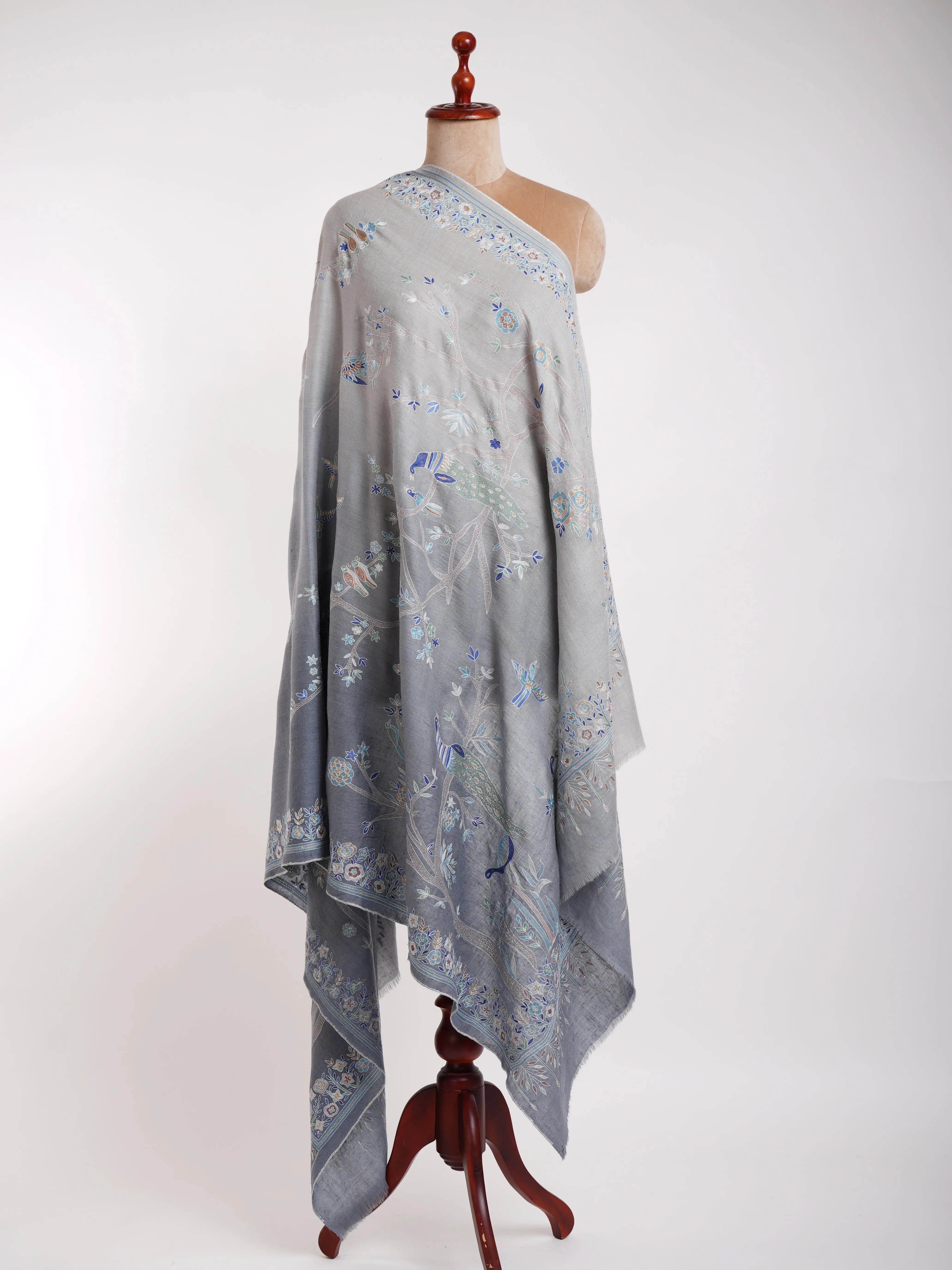 Hand Embroidered Tree of Peacock Pashmina Shawl Shahkaar