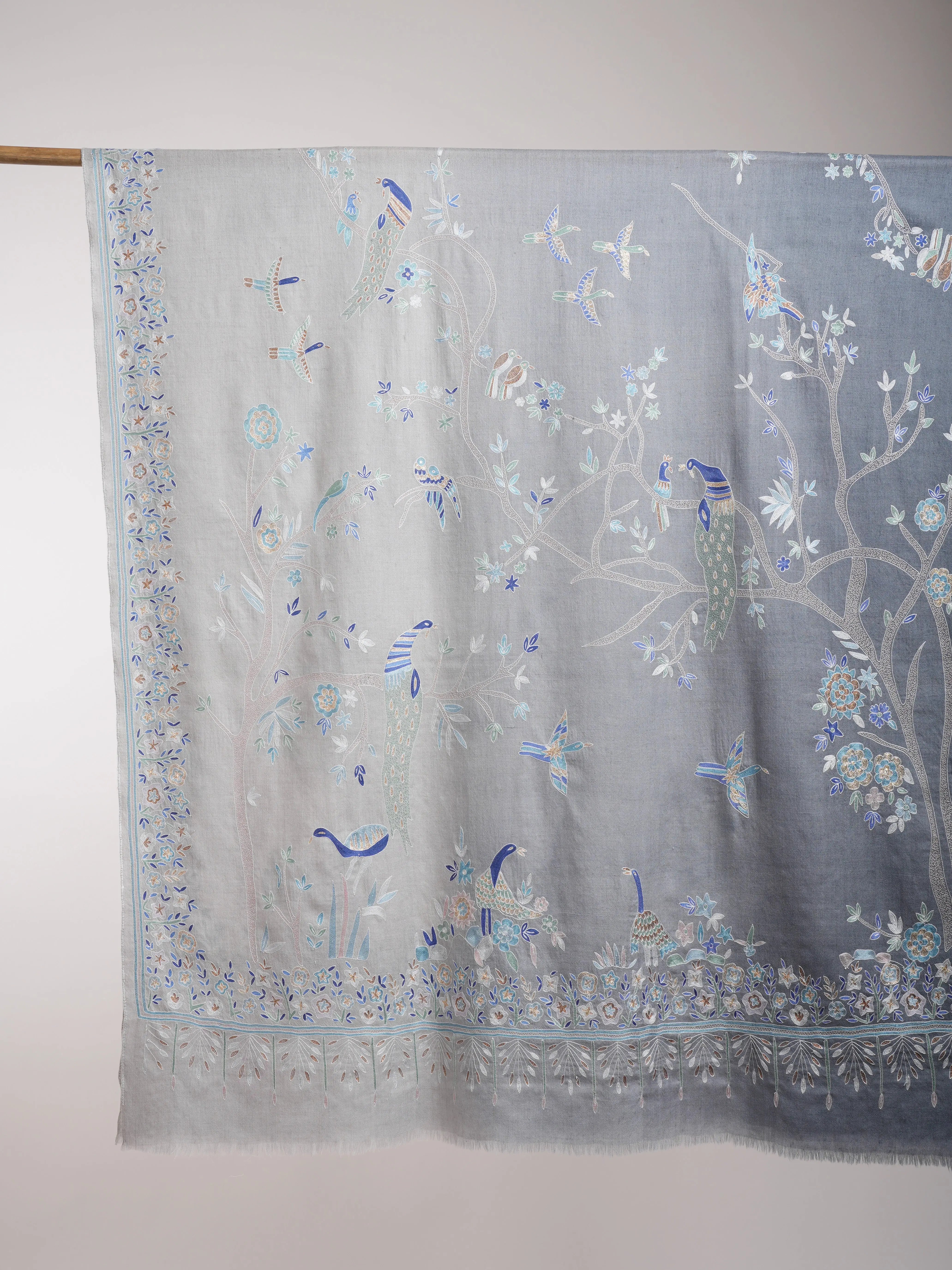Hand Embroidered Tree of Peacock Pashmina Shawl Shahkaar