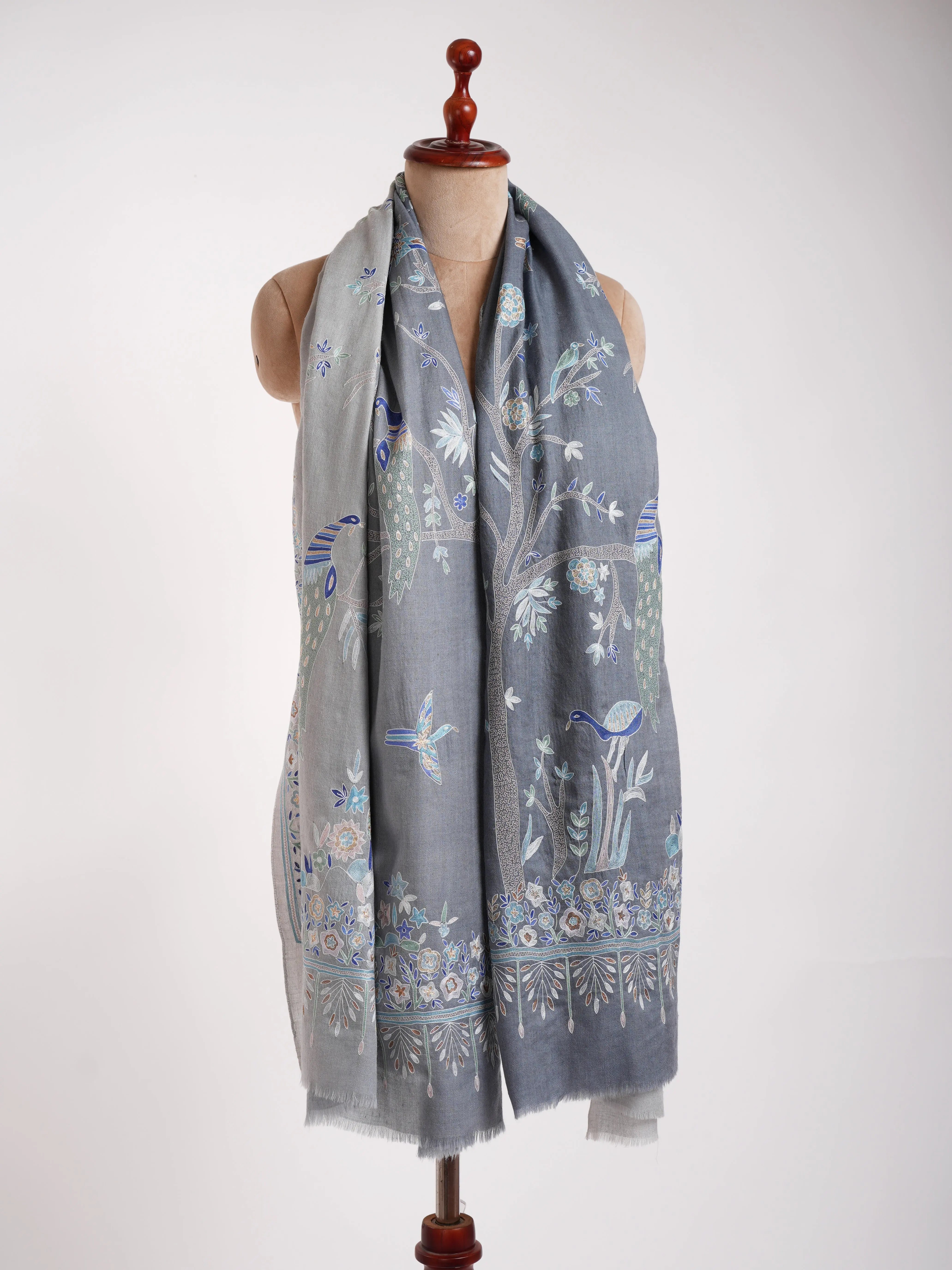 Hand Embroidered Tree of Peacock Pashmina Shawl Shahkaar