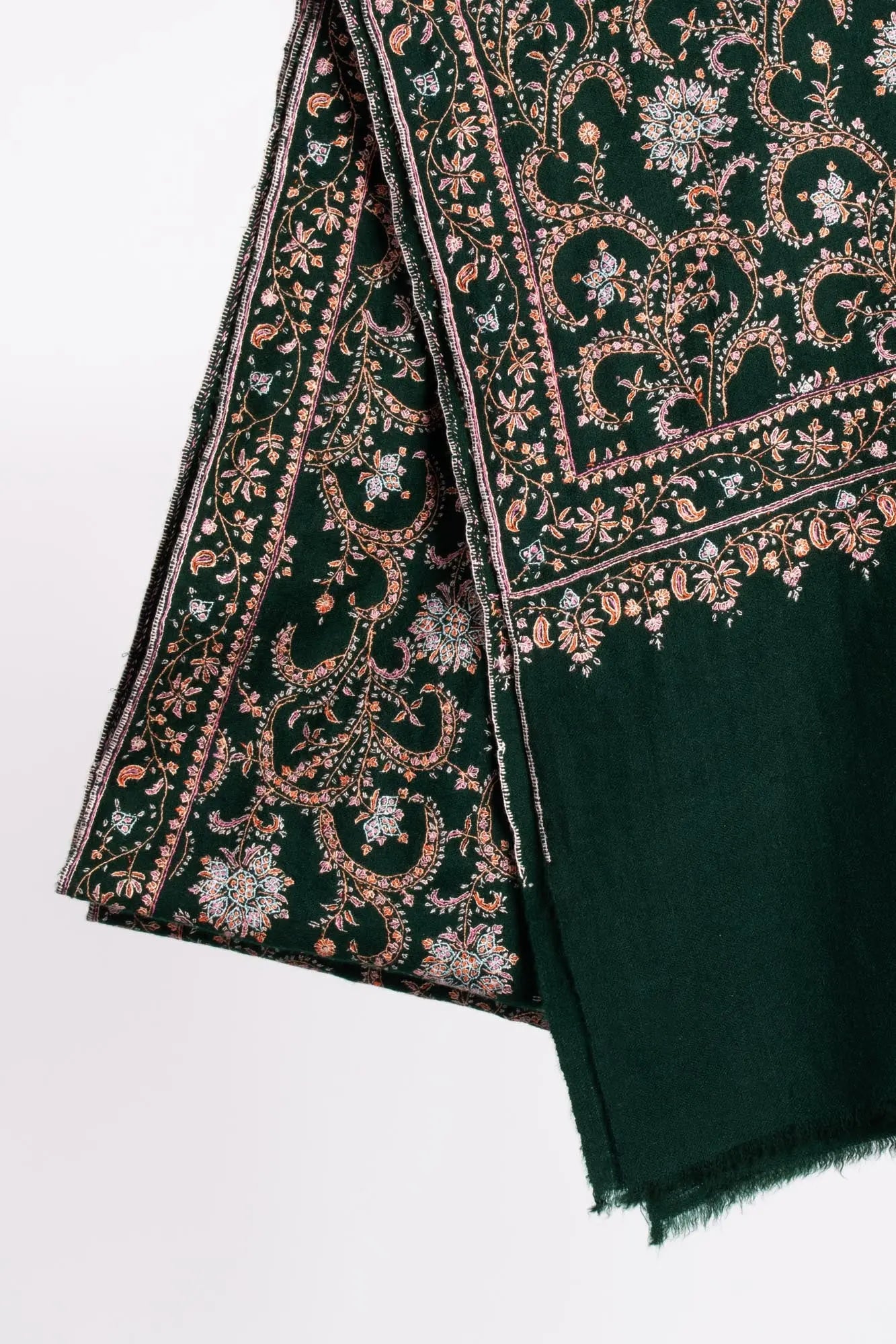 HandSpun Bottle Green Sozni Neem Jama Shawl - EUFAULA Shahkaar