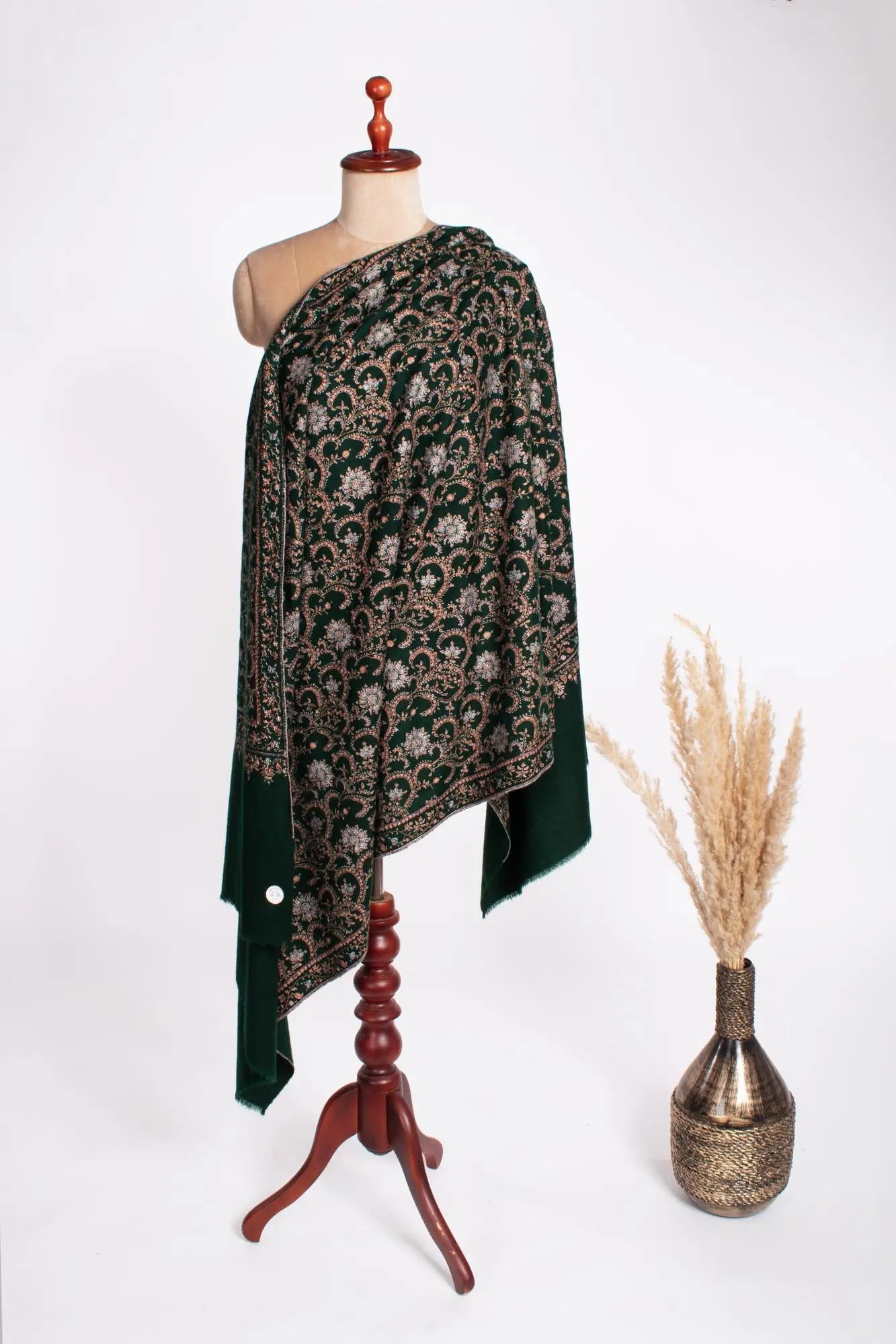 HandSpun Bottle Green Sozni Neem Jama Shawl - EUFAULA Shahkaar