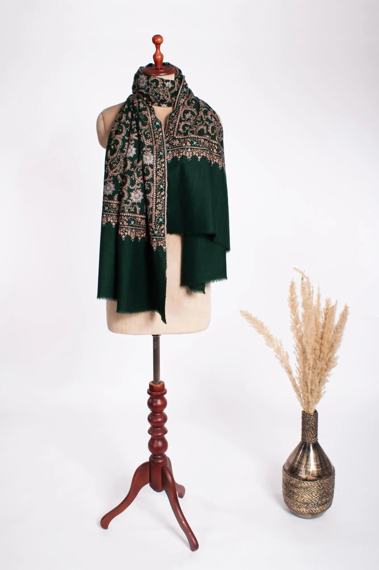 HandSpun Bottle Green Sozni Neem Jama Shawl - EUFAULA Shahkaar