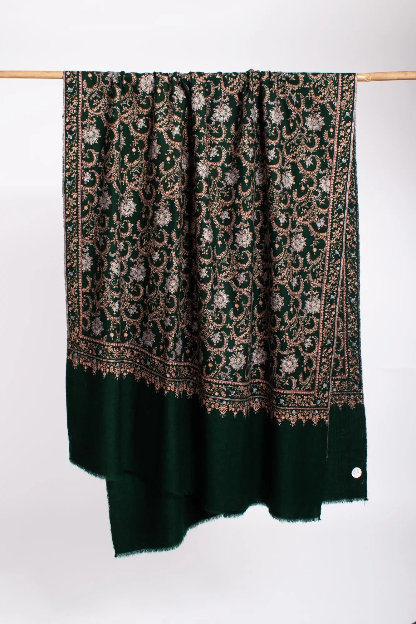 HandSpun Bottle Green Sozni Neem Jama Shawl - EUFAULA Shahkaar