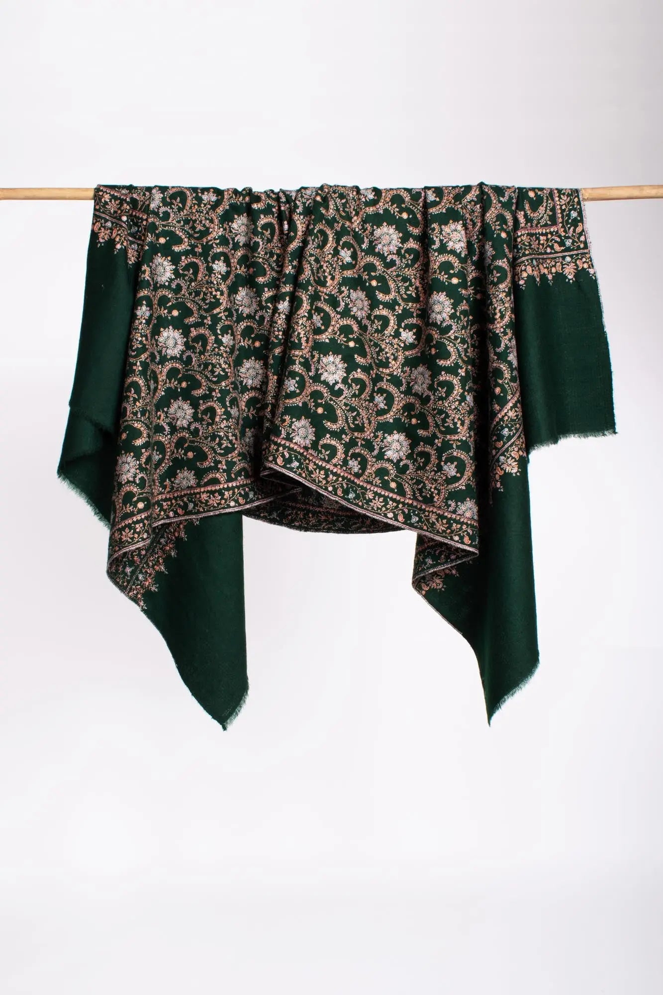 HandSpun Bottle Green Sozni Neem Jama Shawl - EUFAULA Shahkaar