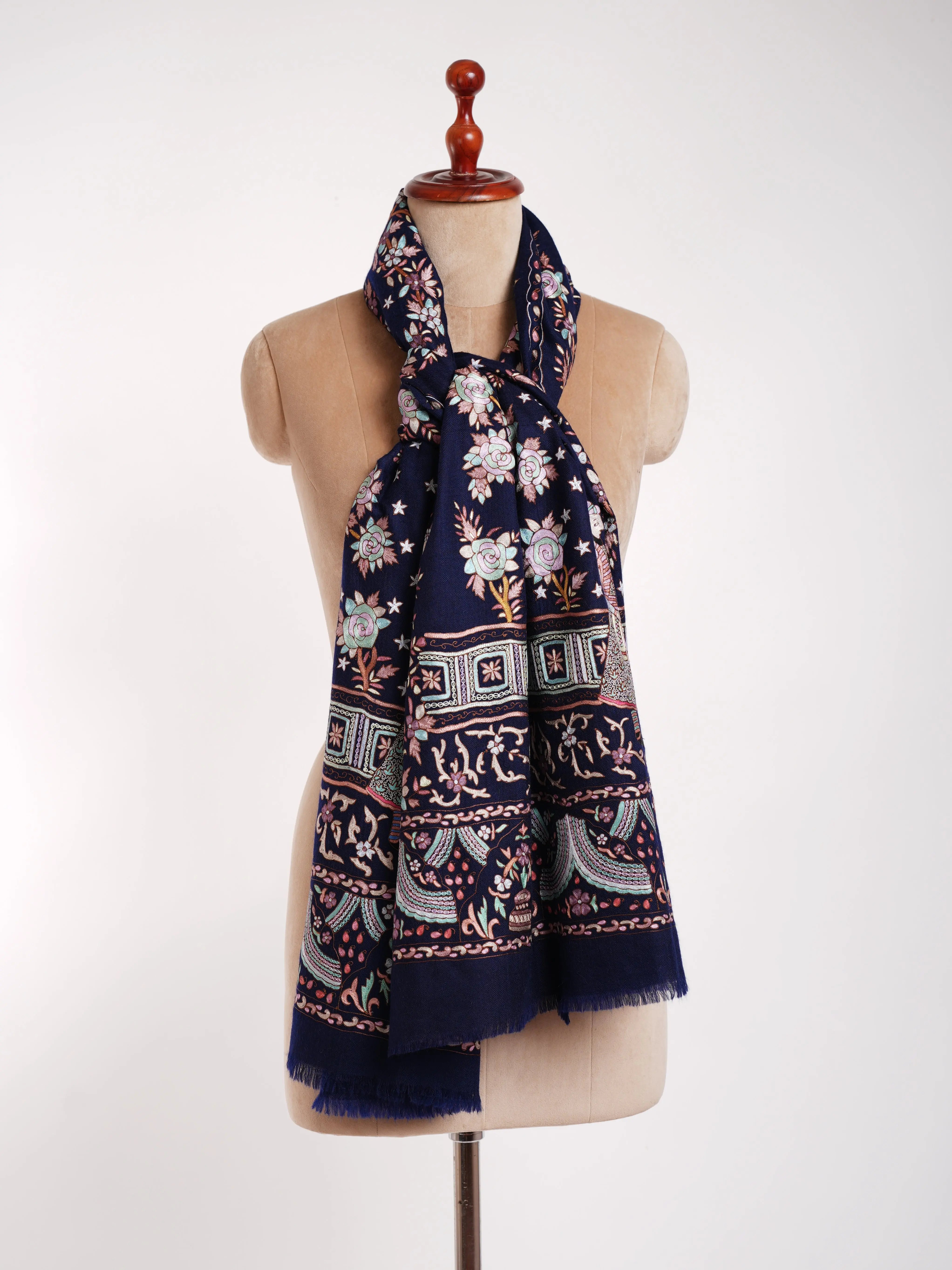 Handmade Hook Embroidery Cashmere Scarf Classic Blue Shahkaar