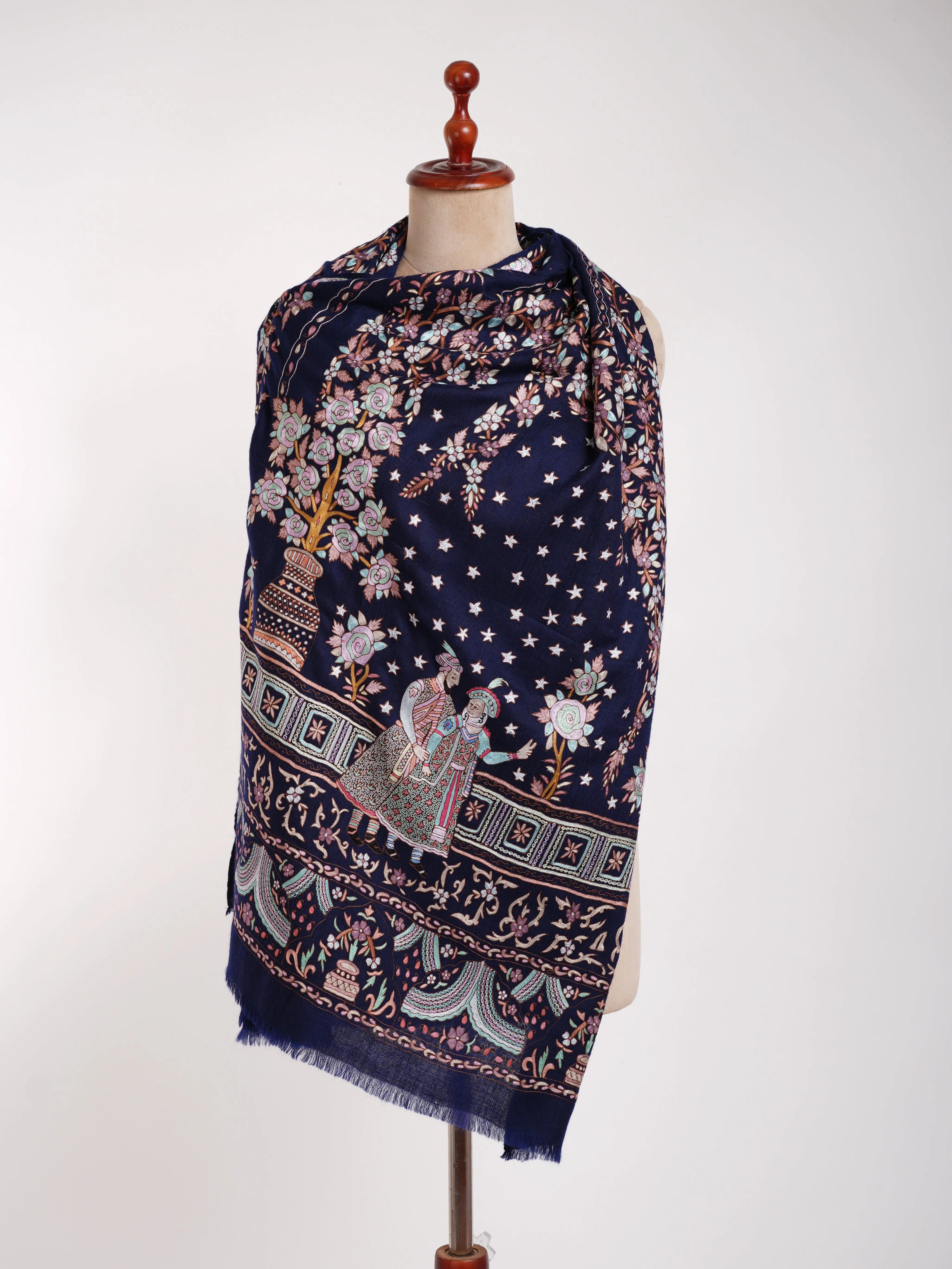 Handmade Hook Embroidery Cashmere Scarf Classic Blue Shahkaar