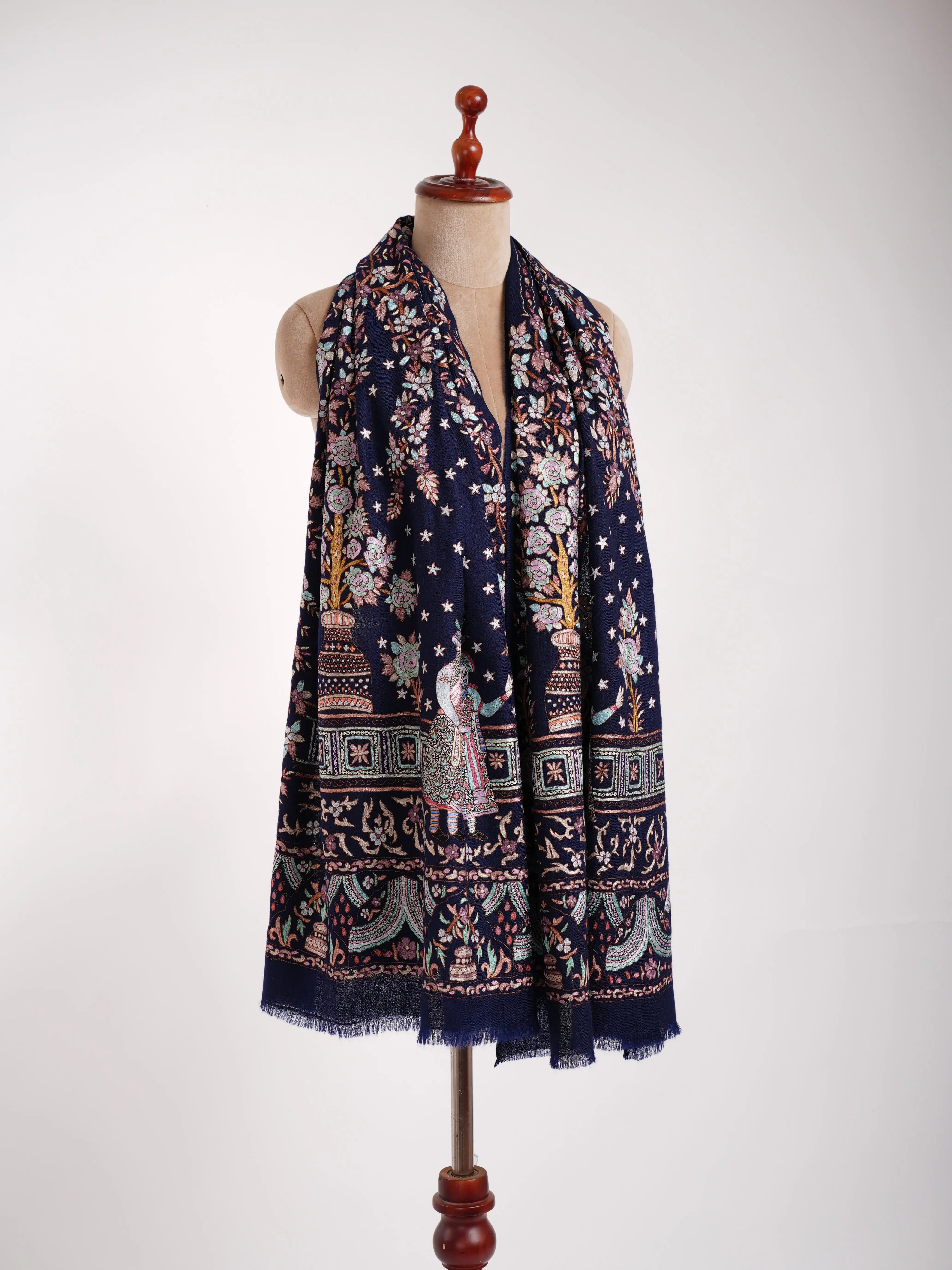 Handmade Hook Embroidery Cashmere Scarf Classic Blue Shahkaar