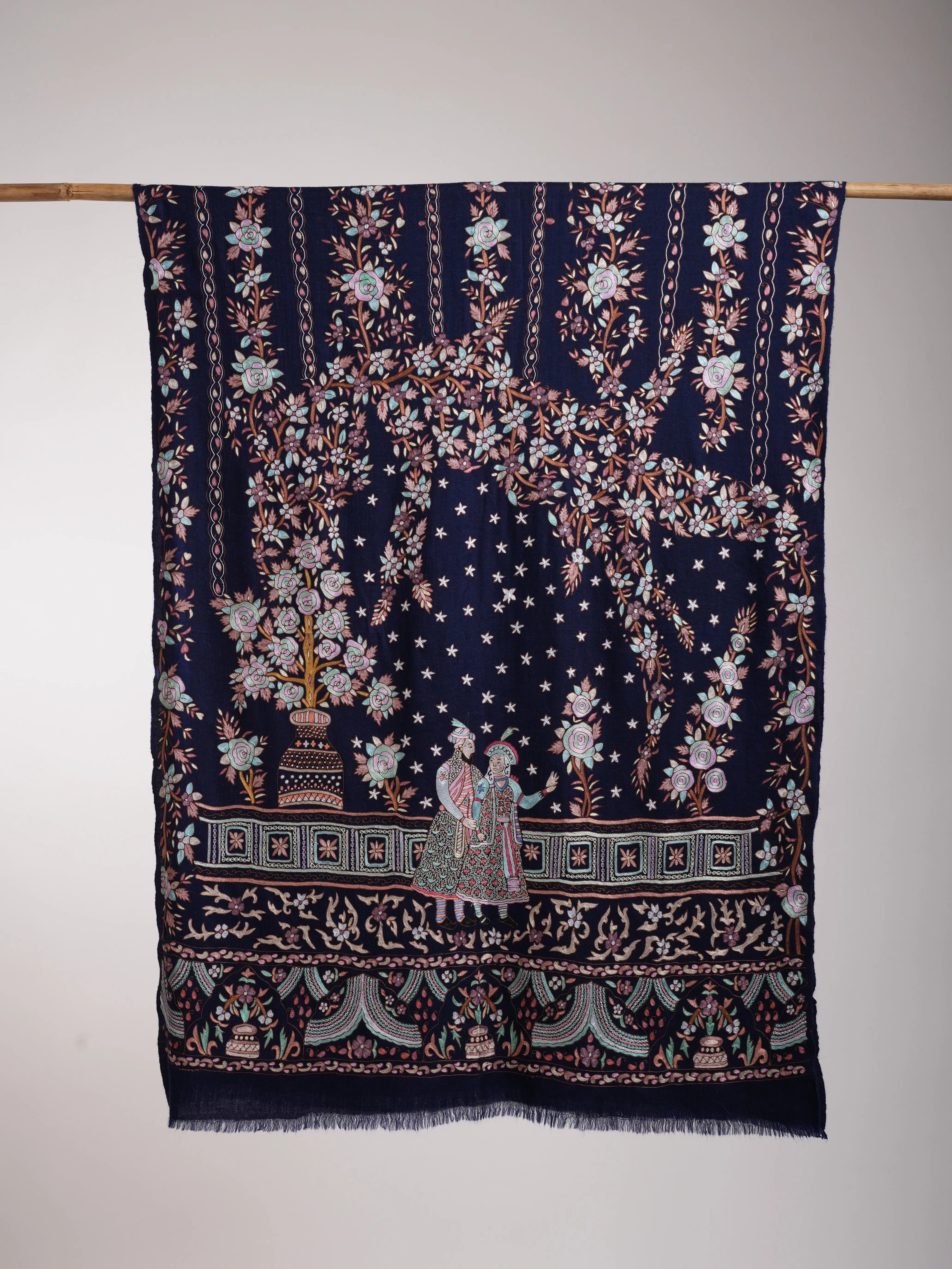Handmade Hook Embroidery Cashmere Scarf Classic Blue Shahkaar