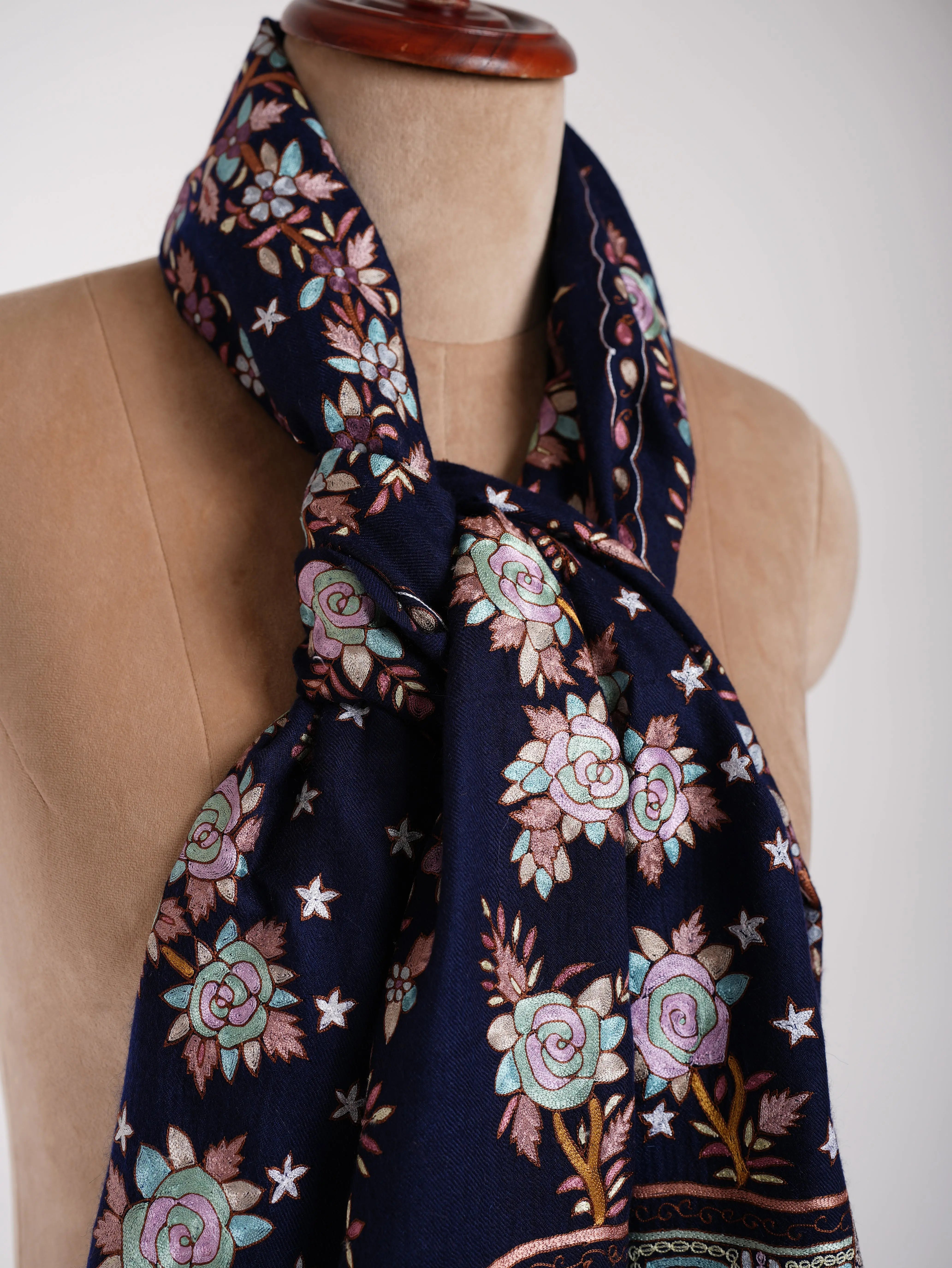 Handmade Hook Embroidery Cashmere Scarf Classic Blue Shahkaar