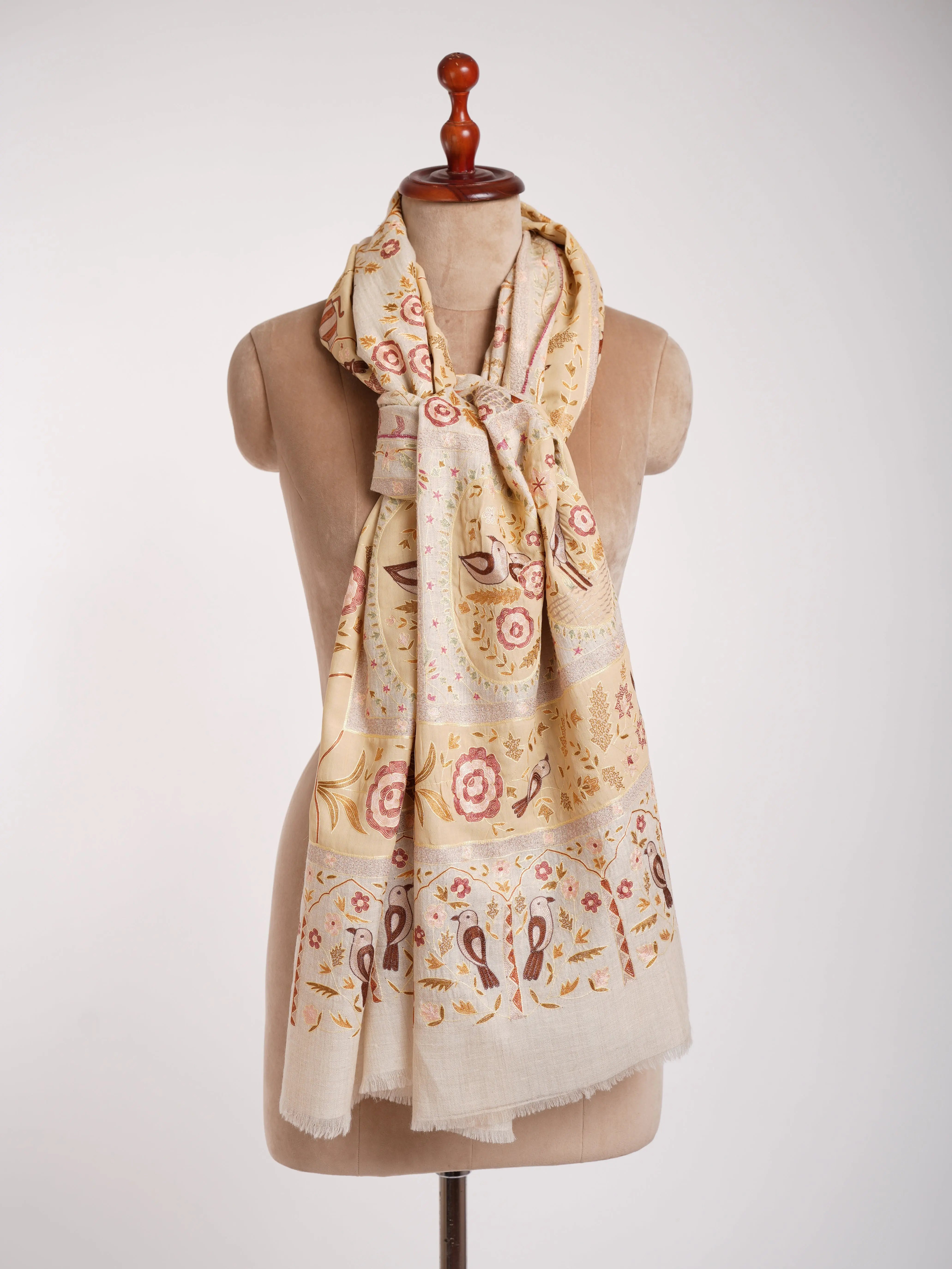 Handmade Patch Worked Jamavar Pashmina Shawl Vanilla Cream Shahkaar