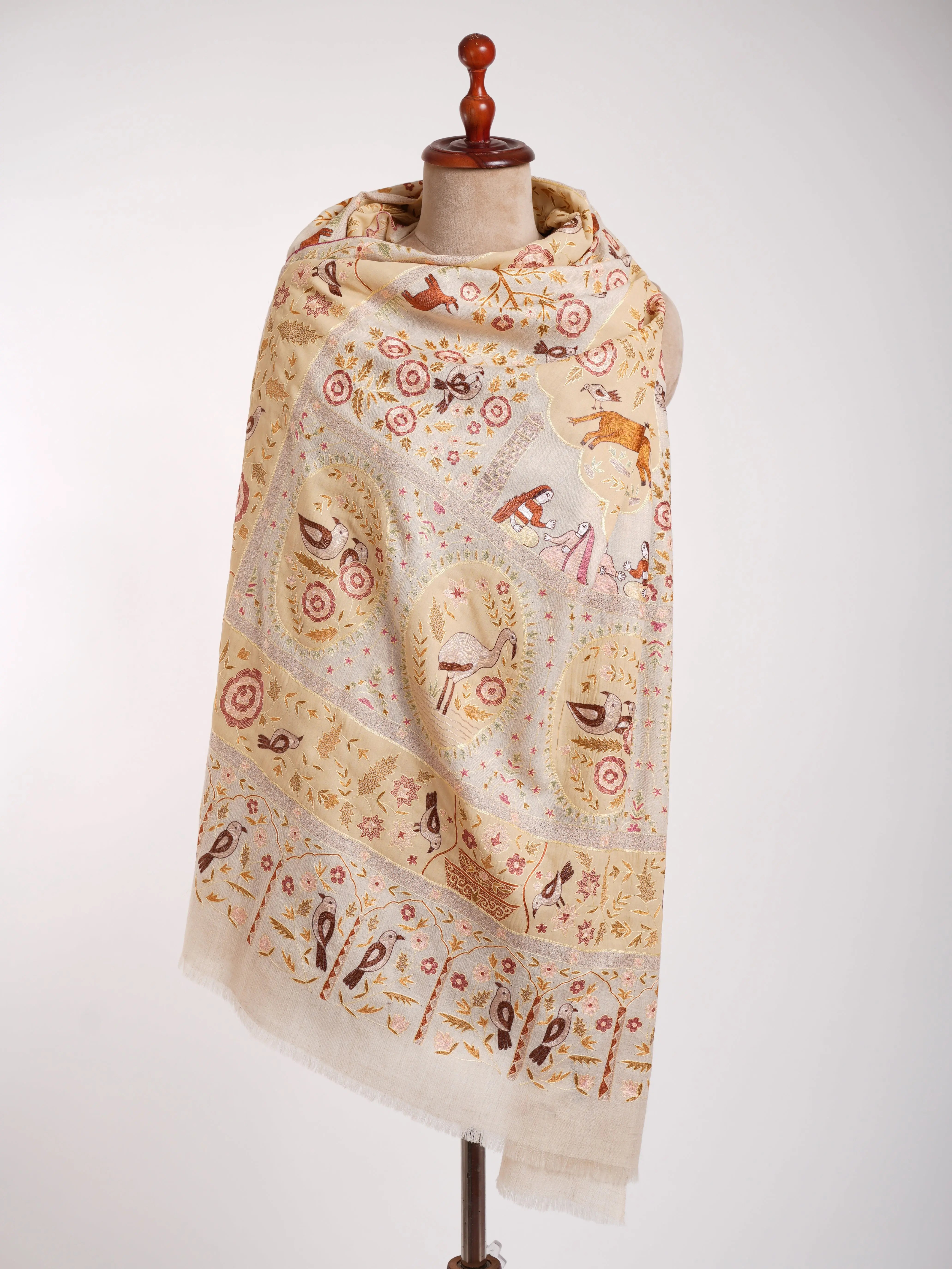 Handmade Patch Worked Jamavar Pashmina Shawl Vanilla Cream Shahkaar