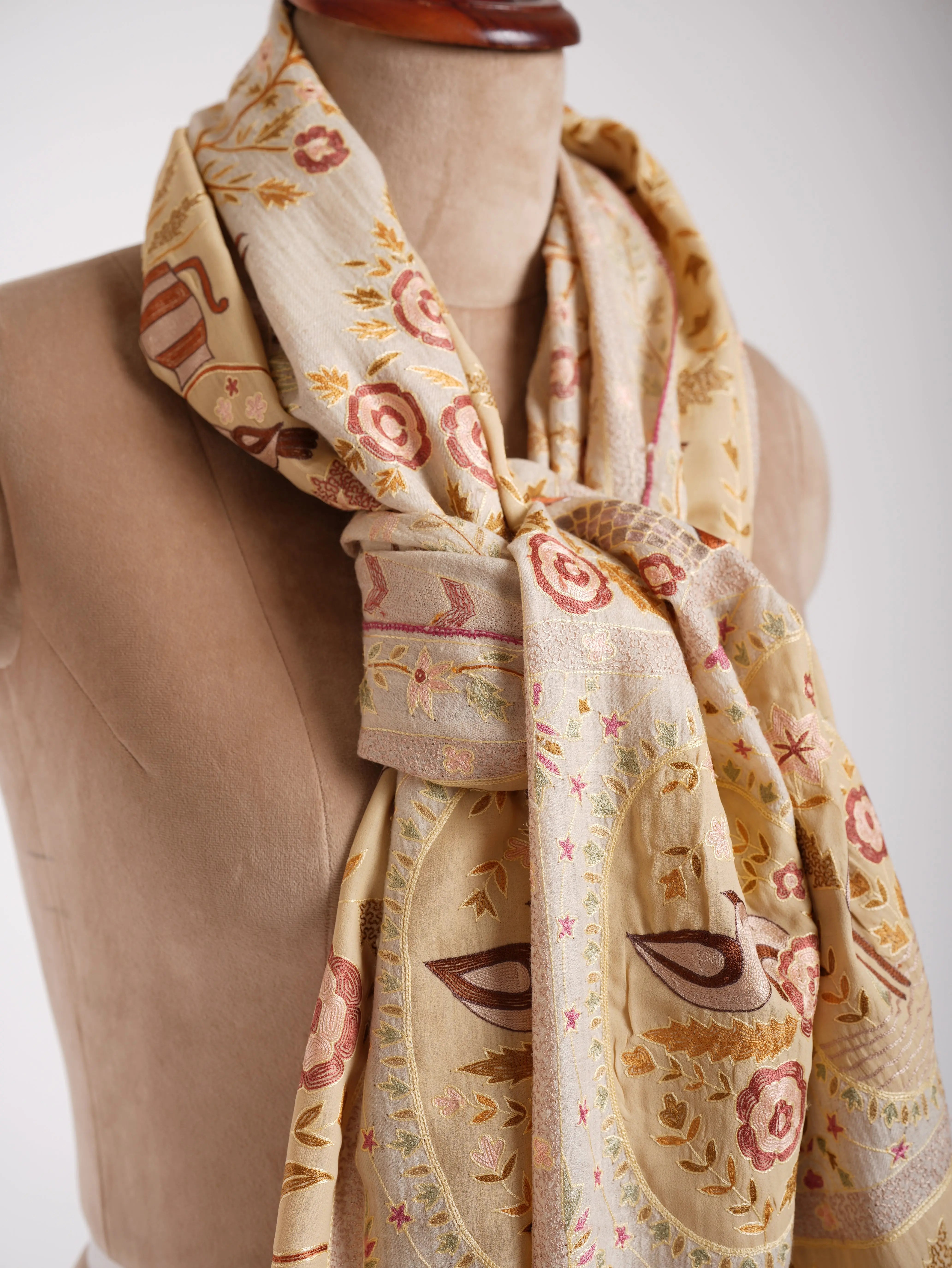 Handmade Patch Worked Jamavar Pashmina Shawl Vanilla Cream Shahkaar