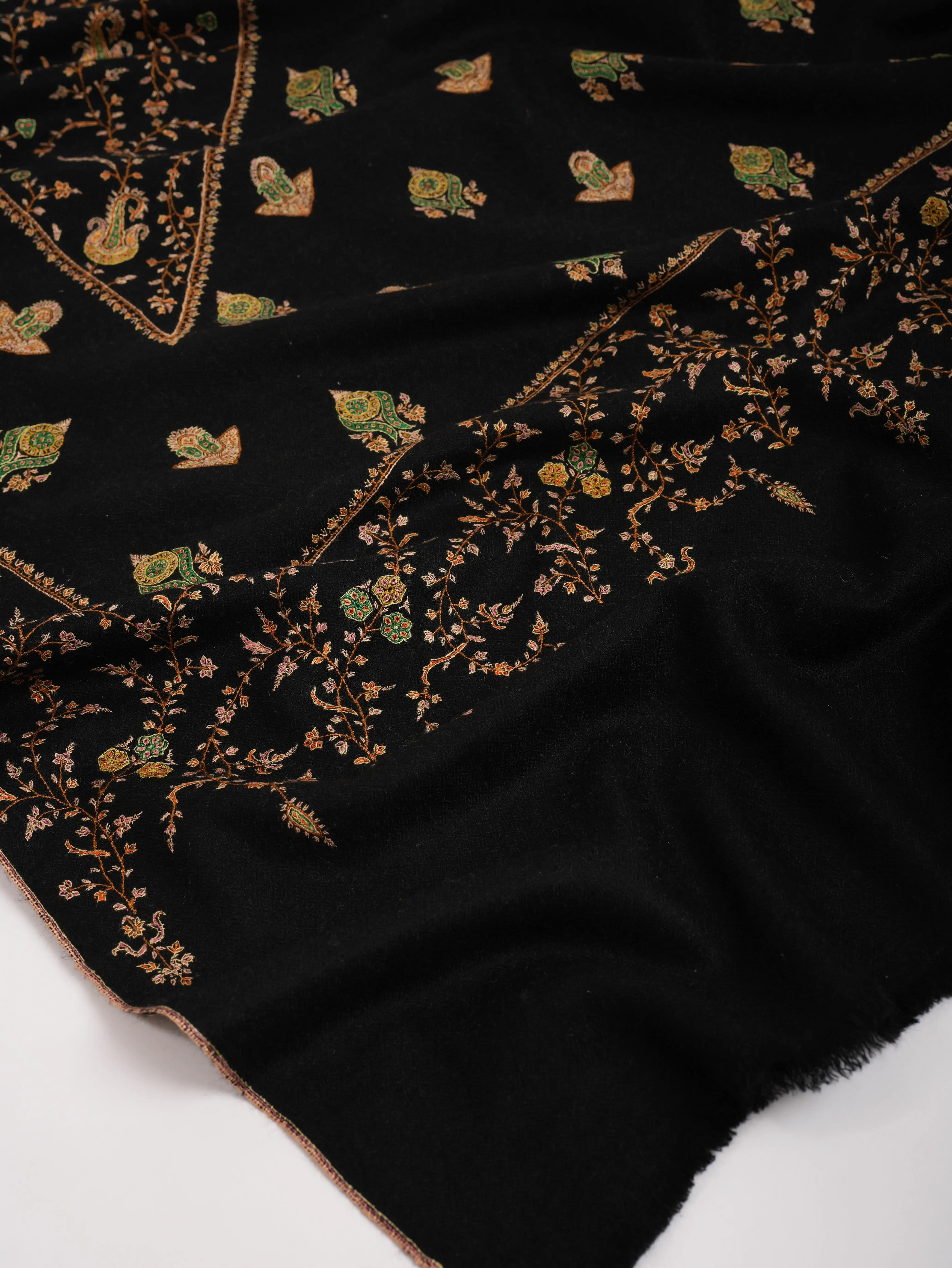 Handspun Artisitc Needlework Black Pashmina Shawl Shahkaar