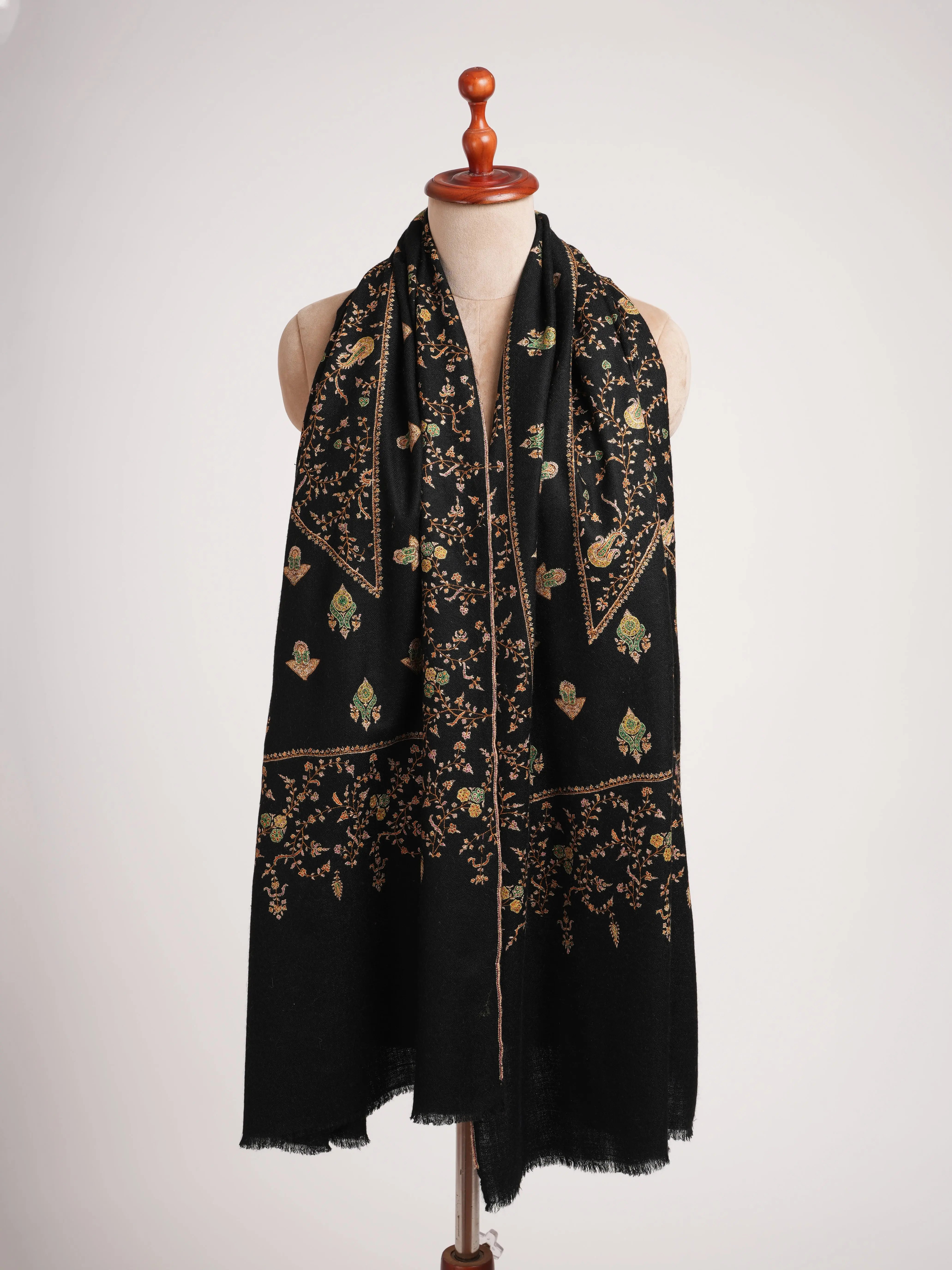 Handspun Artisitc Needlework Black Pashmina Shawl Shahkaar