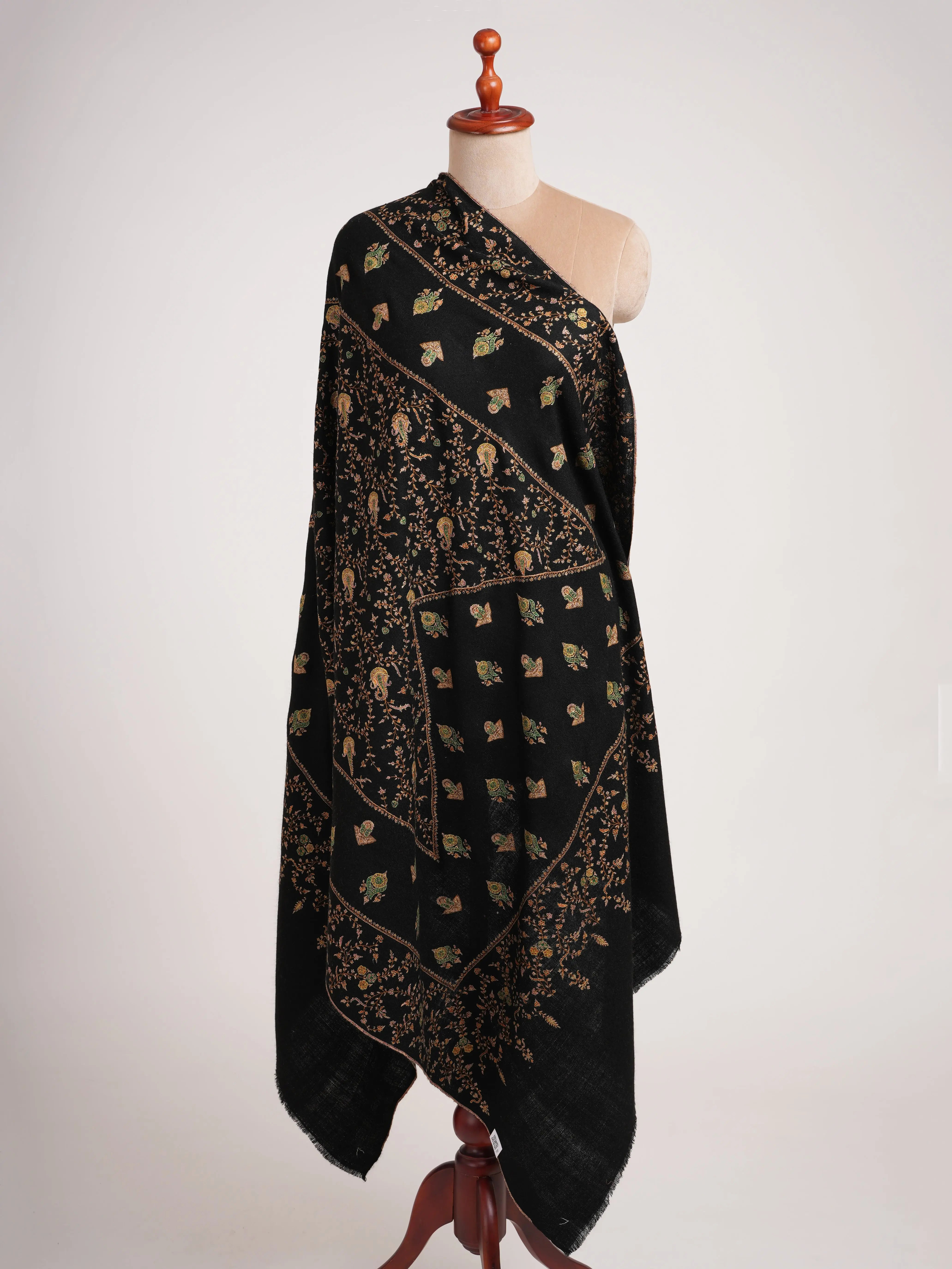 Handspun Artisitc Needlework Black Pashmina Shawl Shahkaar
