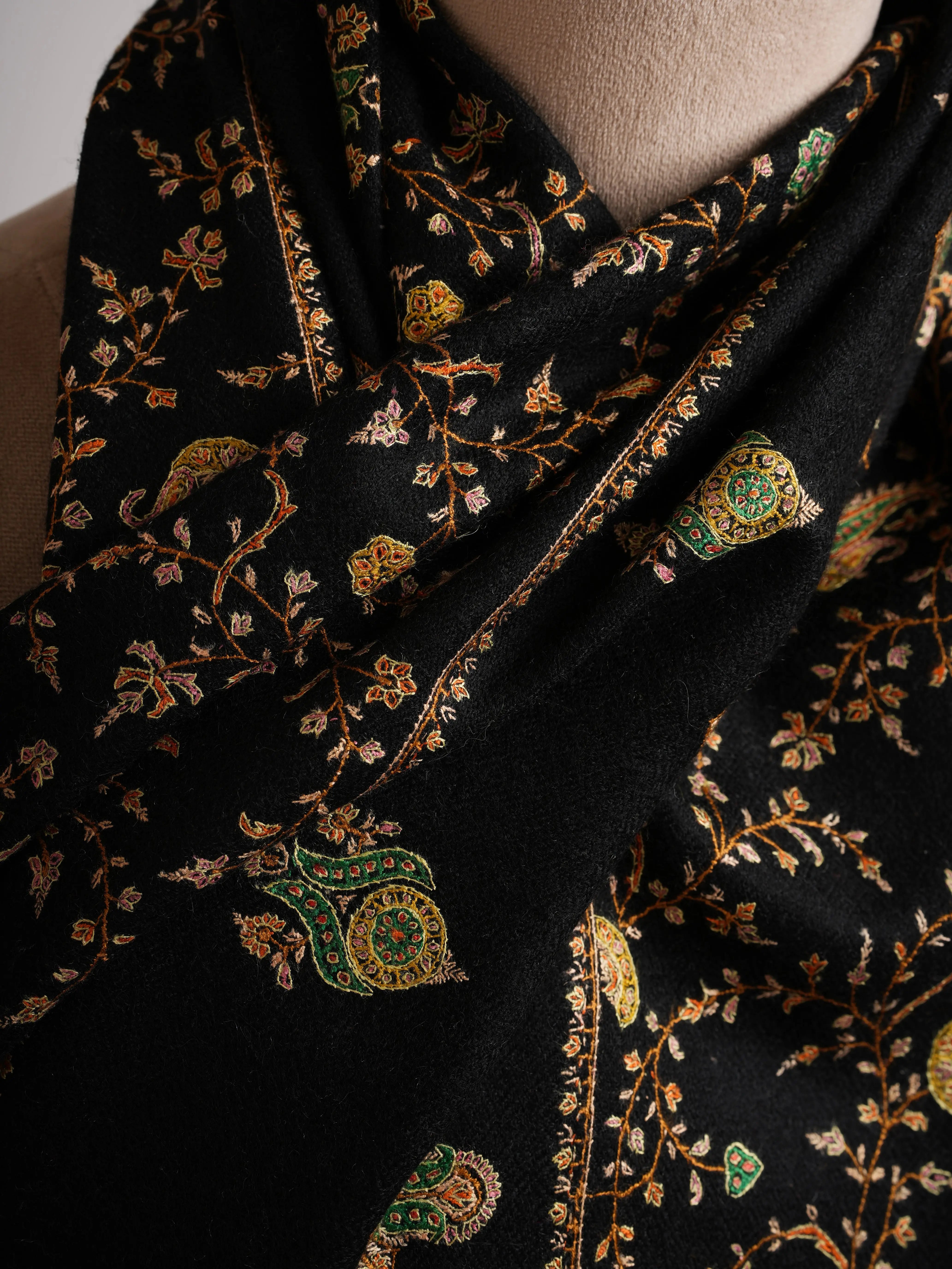 Handspun Artisitc Needlework Black Pashmina Shawl Shahkaar