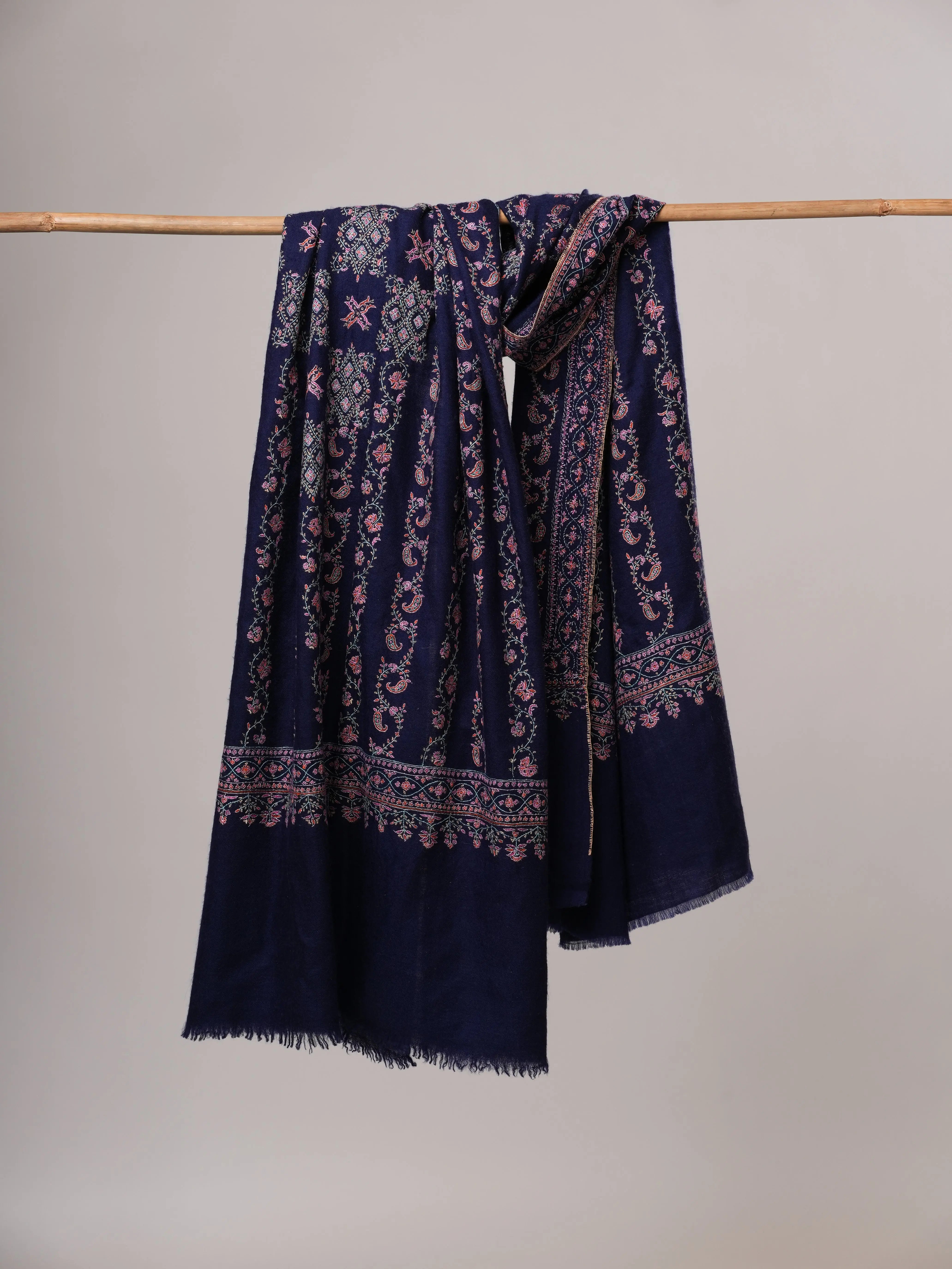 Handspun Blue Embroidered Featherlight Pure Pashmina Shawl Shahkaar