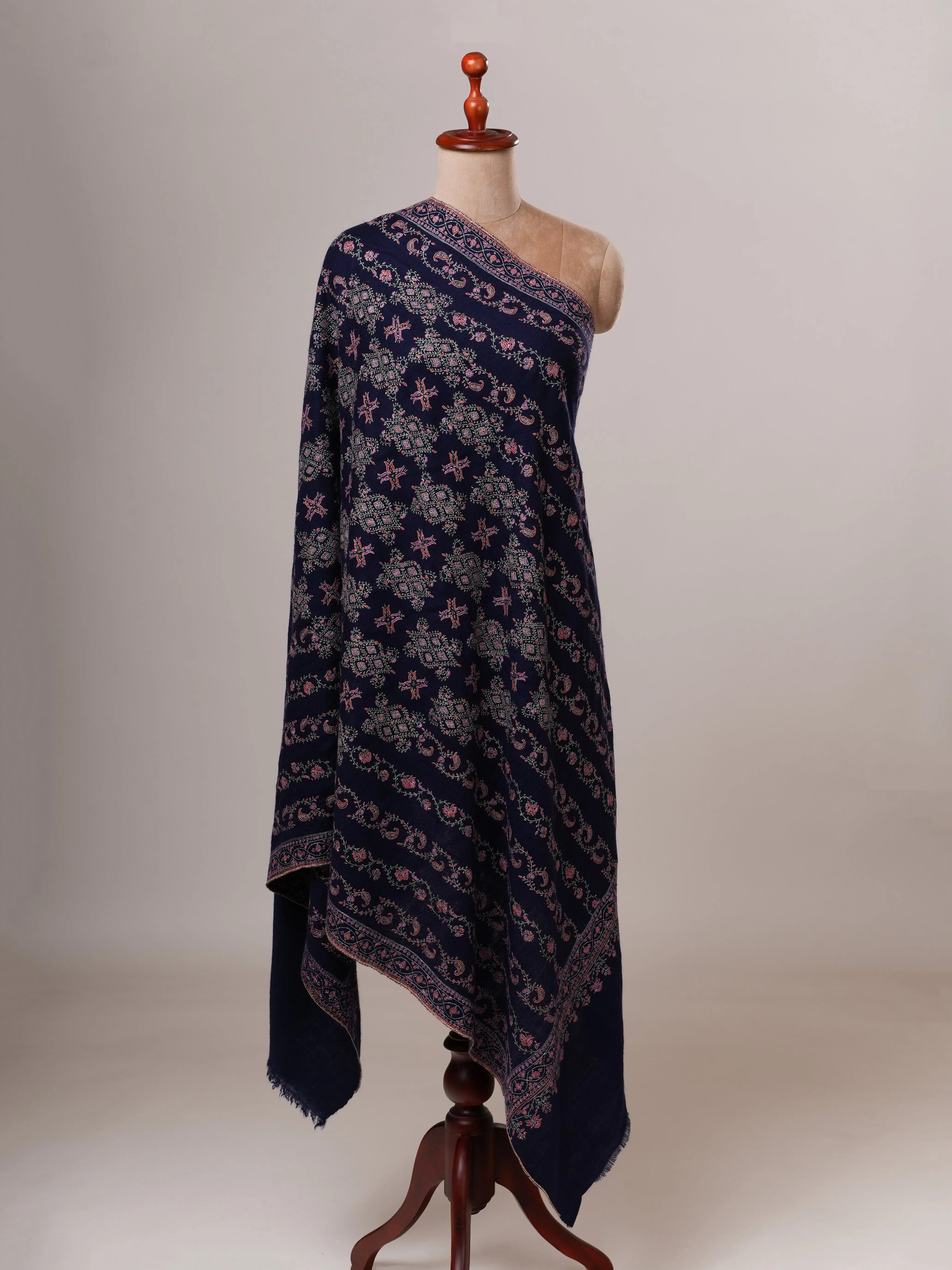Handspun Blue Embroidered Featherlight Pure Pashmina Shawl Shahkaar